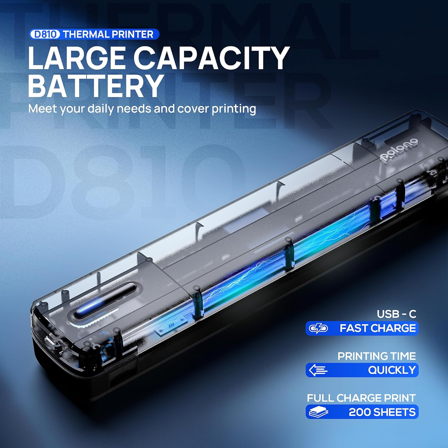 POLONO Portable Printer Wireless for Travel, D810 Bluetooth Thermal Printer A4 Support for 8.5"x11" US Letter, Inkless Printer Compatible with iOS, Android, Laptop for Office,... - Image 2