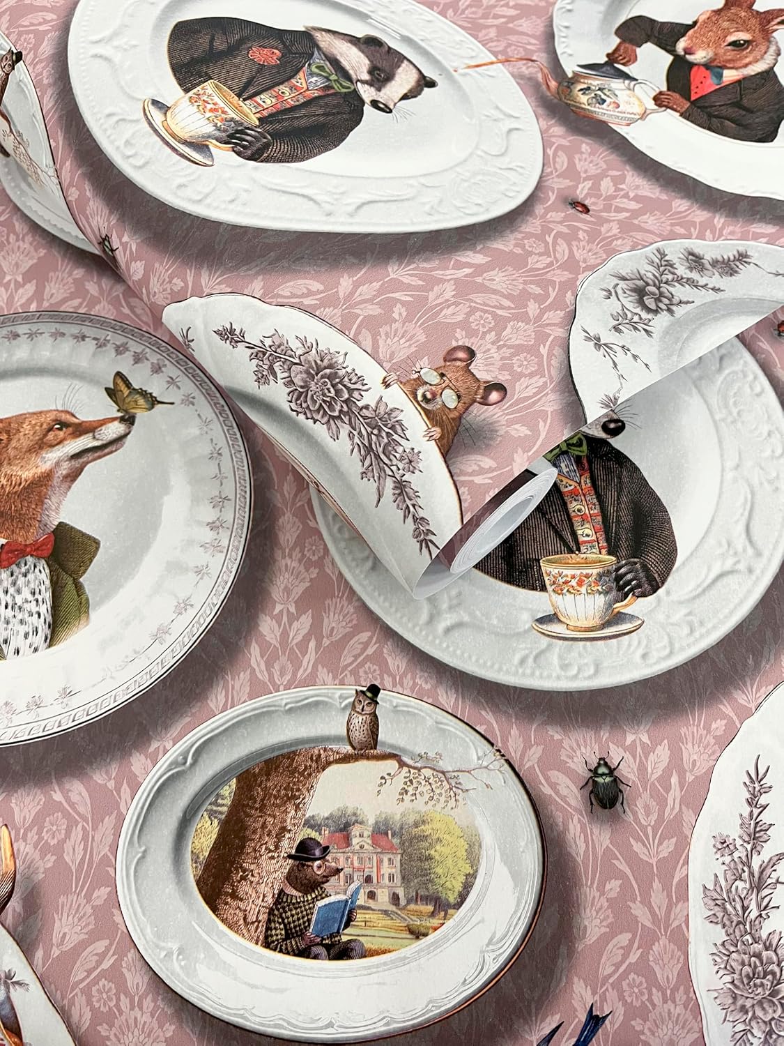 Premium Tales of the Manor Blush Pink Non-Pasted Wallpaper – Whimsical Animal & Scenic Pattern, 56 Sq Ft Coverage – Paste-the-Wall Wallcovering