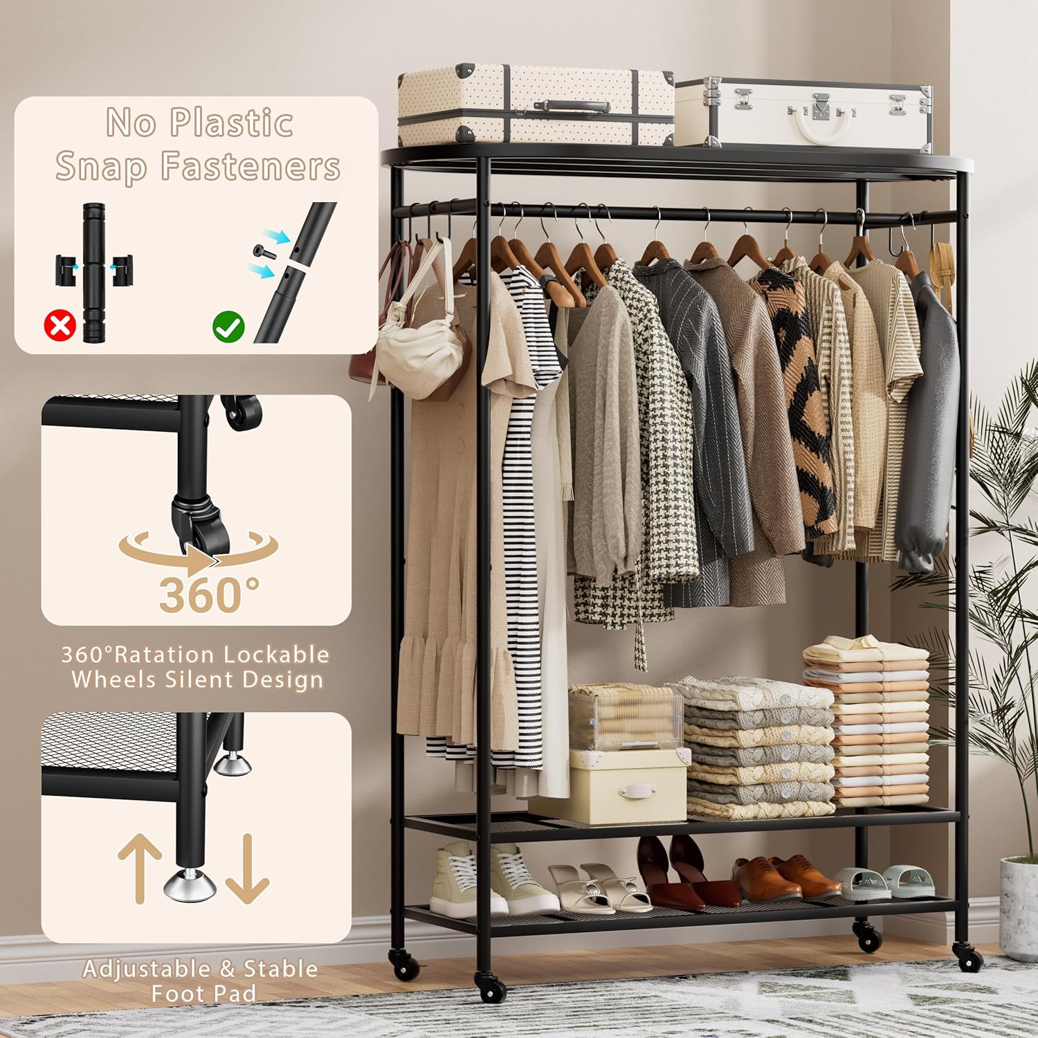 Clothes Rack with Cover, Heavy Duty Portable Closet for Hanging Clothes, Rolling Clothing Closet, Garment Rack with Wheels&Side Hooks, Closet Organizers and Storage with Black Cover, Max Load 380LBS