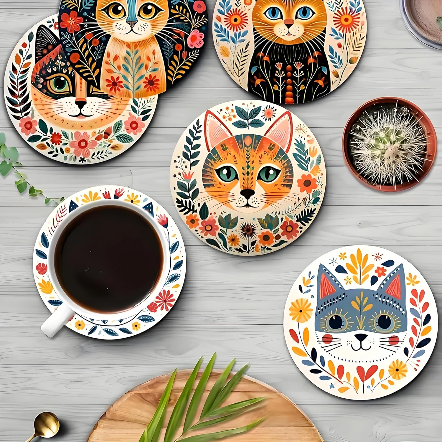 Coasters Set of 6, Wood Coasters for Drinks - Handcrafted Cat Design Thick Heat-Resistant for Beer, Coffee, Office, Bar, Farmhouse Home Decor, Tabletop Protection, for All Cups - Image 3