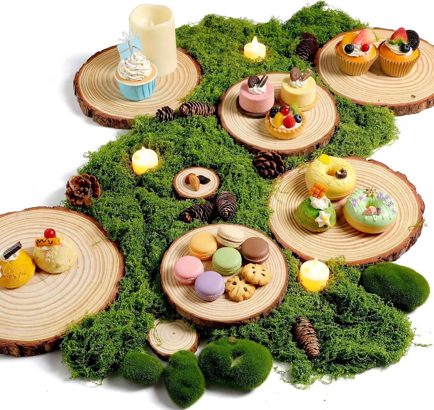 Nuanchu 11 Pack Wood Table Centerpieces with Rustic Wood Slices and Artificial Fake Green Moss for Wooden Fairy Wedding Woodland Table Decor Ideal DIY Crafts (7.9-9.1'')
