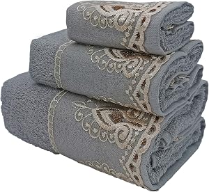 Marina Decoration Home Premium Luxury Decor Ultra Soft 100% Cotton Woven Sheer Gold Lace Embroidered Bathroom Modern 3 Piece Bath Hand Towel Set, Grey Color