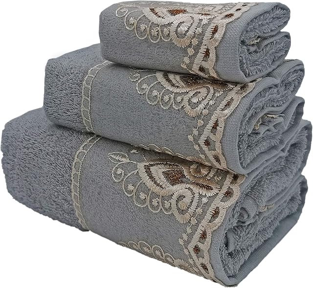 Marina Decoration Accueil Premium Decor de luxe Ultra Doucement 100% Coton tissé Sheer Gold Dentelle Brodée Salle de bain moderne 3 Ensemble de serviettes de bain, couleur grise