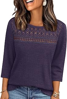 3/4 Length Sleeve Womens Tops Spring Fall Fashion 2026 Dressy Casual Blouses Lace Trendy Waffle Knit Shirts