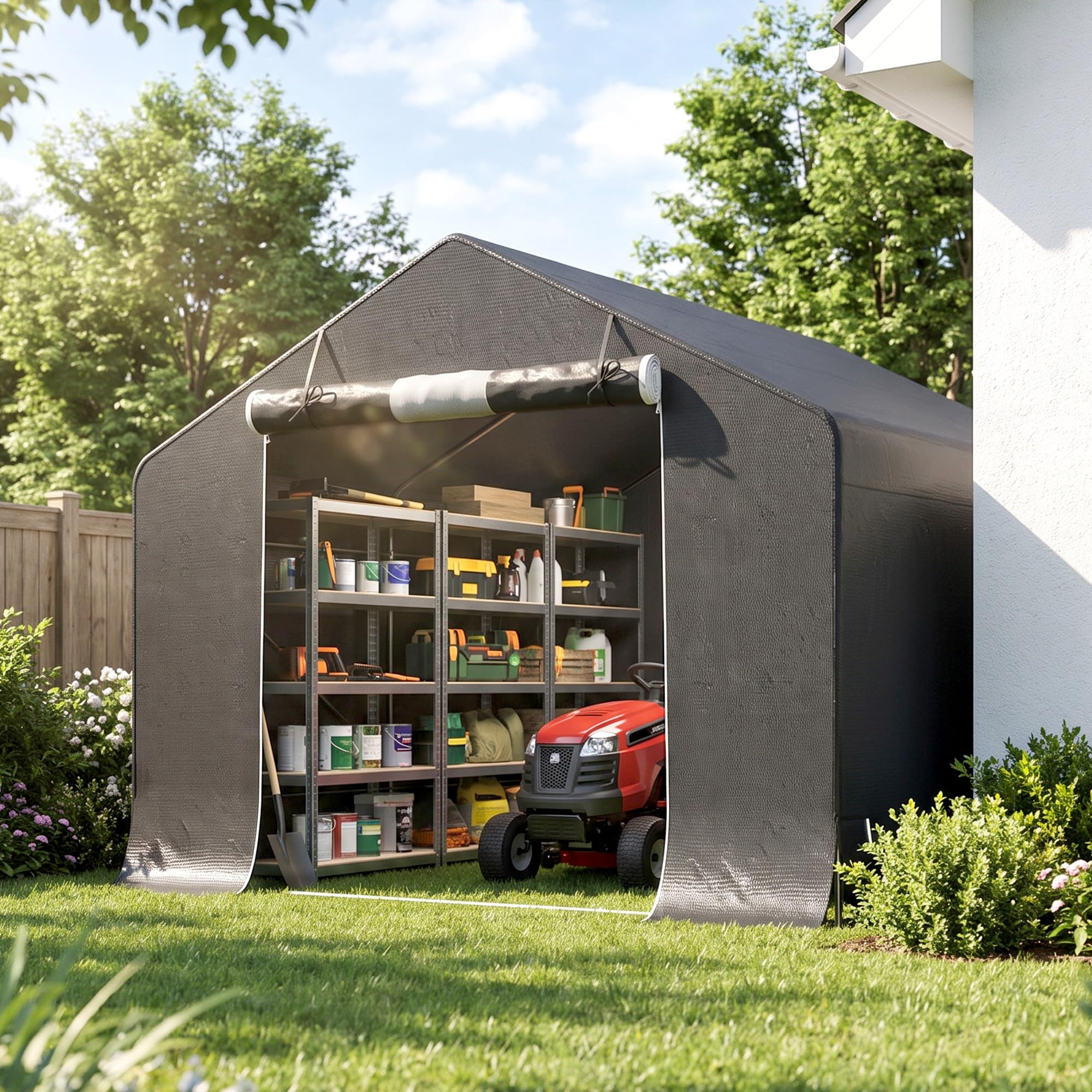 Outsunny Garage Moto per Esterno 3x3m Tenda Garage Impermeabile GrigioScuro | Porta Avvolgibile, Prese d'Aria, per Biciclette e Attrezzi, Metallo e Tessuto PE Anti UV