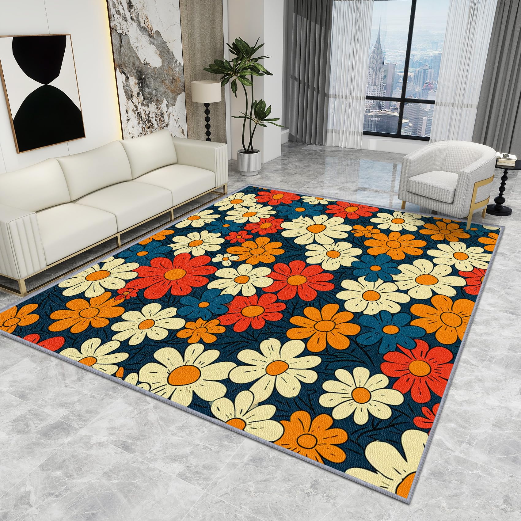 Floral Rug Kids - Floral Rug - 70s Retro Cute Cartoon Flower Rugs, Vintage Daisy Multicolour Carpet, Washable Rug Non Slip Low Pile Soft Large Area Rugs, Floral Home Decor Gifts, 100 X 100 cm
