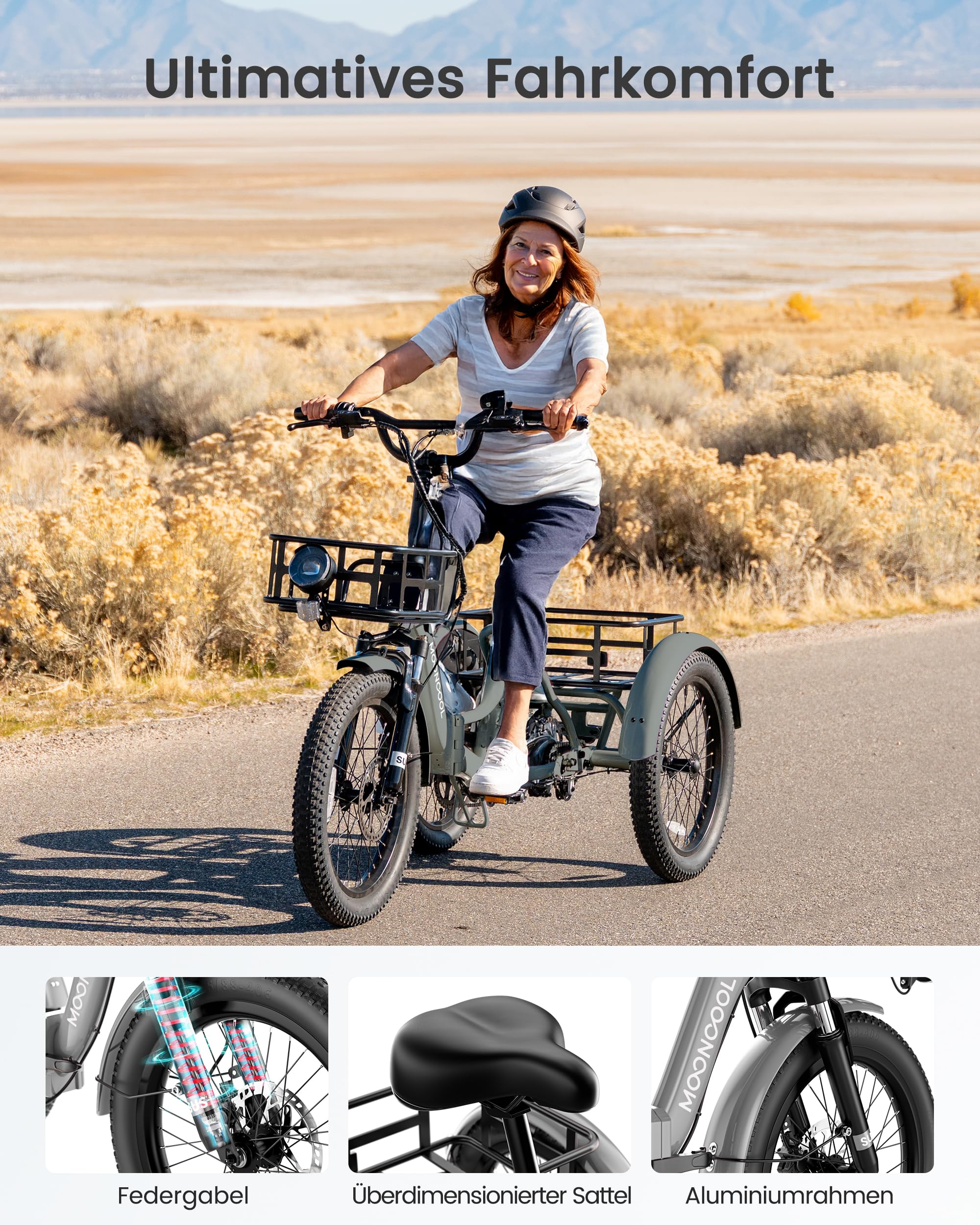 MOONCOOL E Bike Klapprad, 20" Elektrofahrräder für Herren Damen, 36V 20AH Akku, 250W Motor 45 Nm, LCD-Display, IP65 Wasserdicht, 3 Fahrmodi, mit Großen Körben & Fußstützen