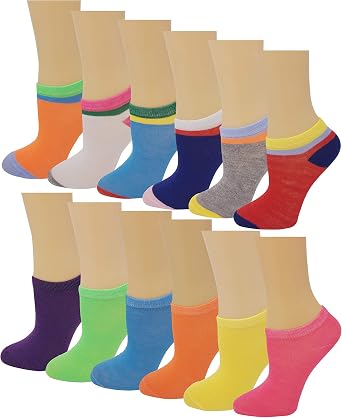 Girls Ankle Socks | Colorful Low Cut | Big Kids 12 Pairs