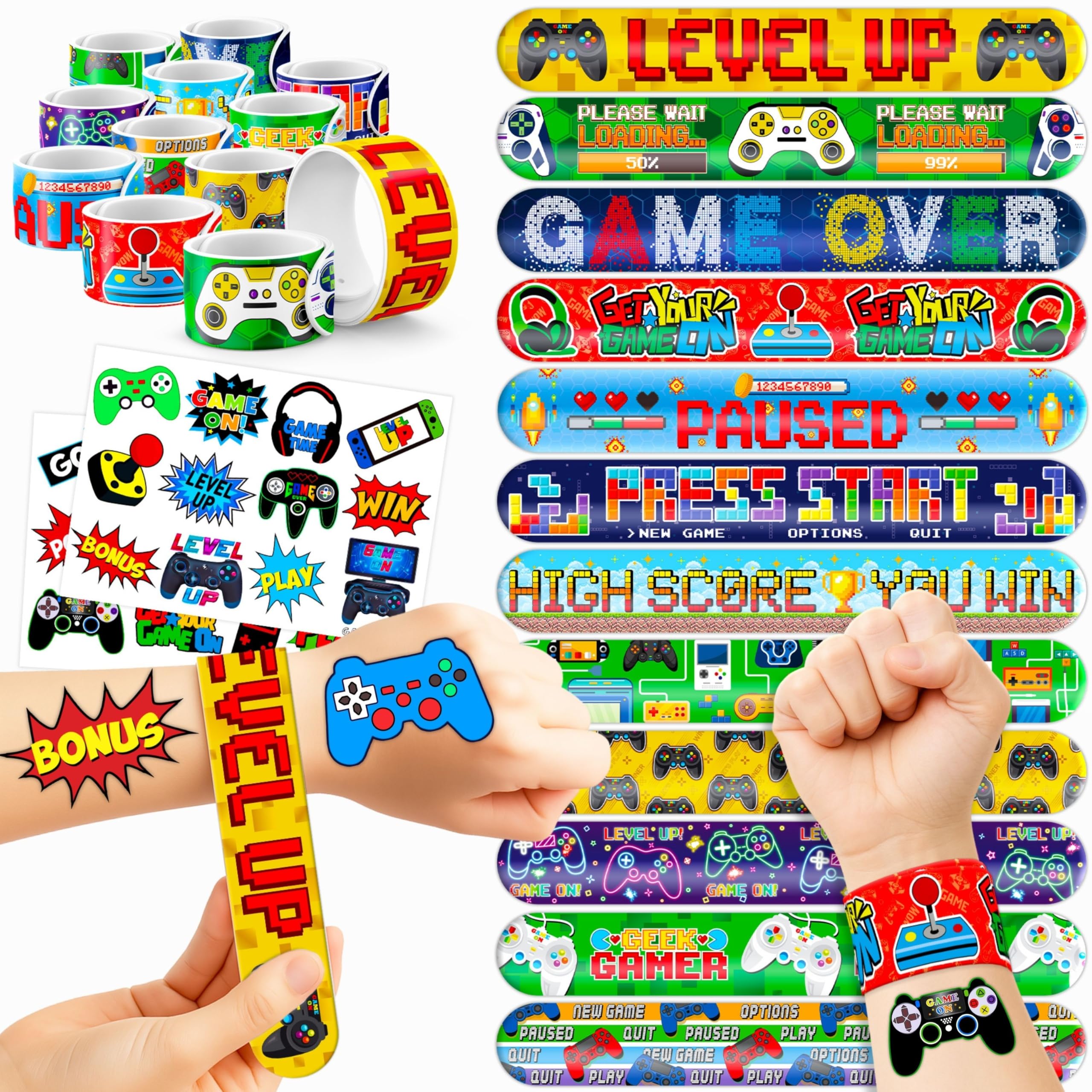 Cherisnowy 48PCS Video Game Party Set – 24PCS Temporary Tattoos & 24PCS Slap Bracelets – Gamer-Themed Birthday Supplies, Baby Shower Gifts, Classroom