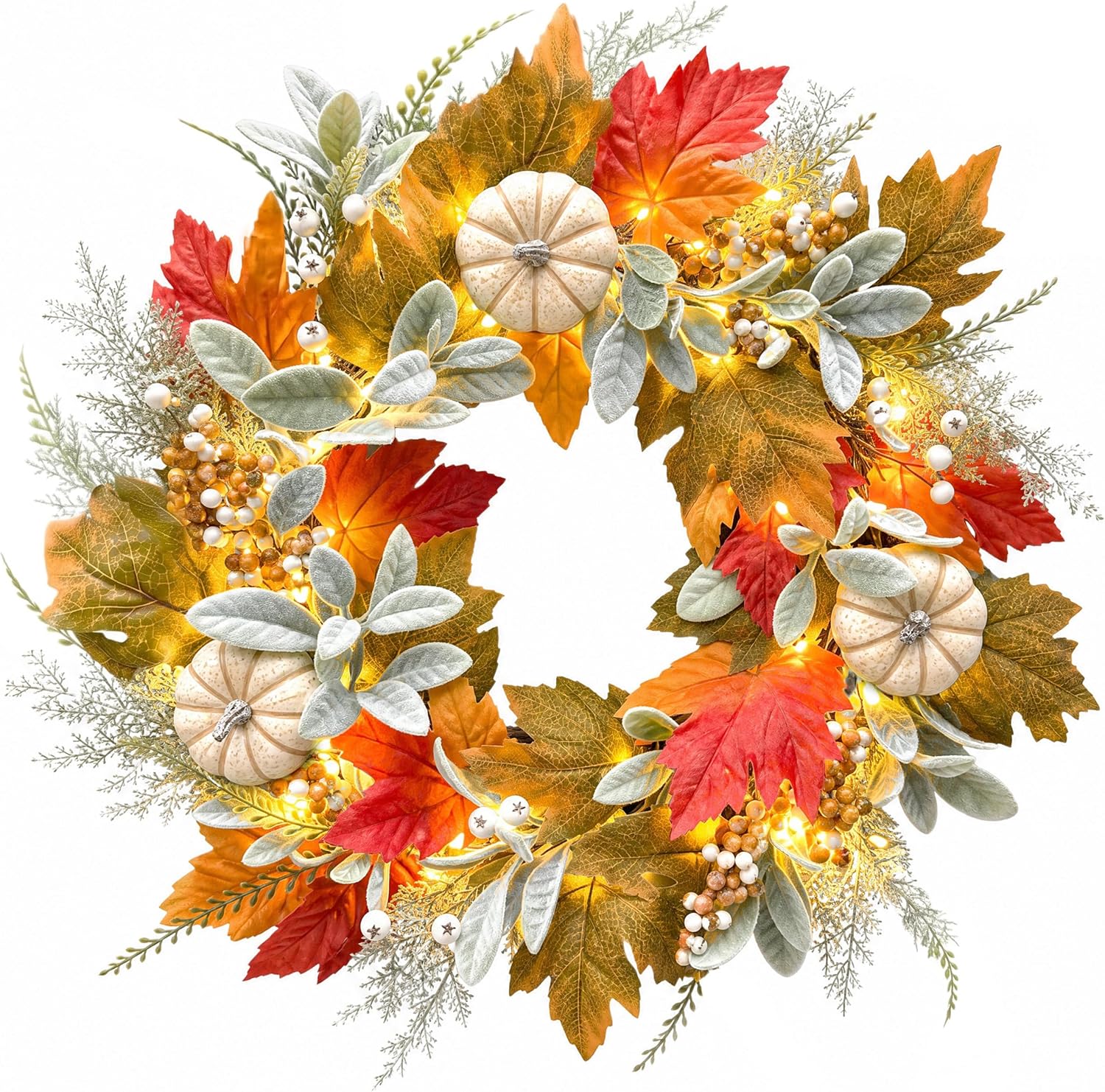 22 Inch Fall Wreaths for Front Door, White Pumpkin Wreath | Handcrafted Autumn Wreath with Maple Leaves, Berries & Lamb's Ear Leaves, Farmhouse Thanksgiving Decorations for Wall Porch