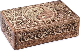 Ajuny Handcrafted Wooden Jewelry Box with Tai Chi Flower Carving – 8x5 Inch Treasure Chest for Keepsakes, Trinkets, Gifts, Decorative Storage Box for Men & Women, Home Organizer