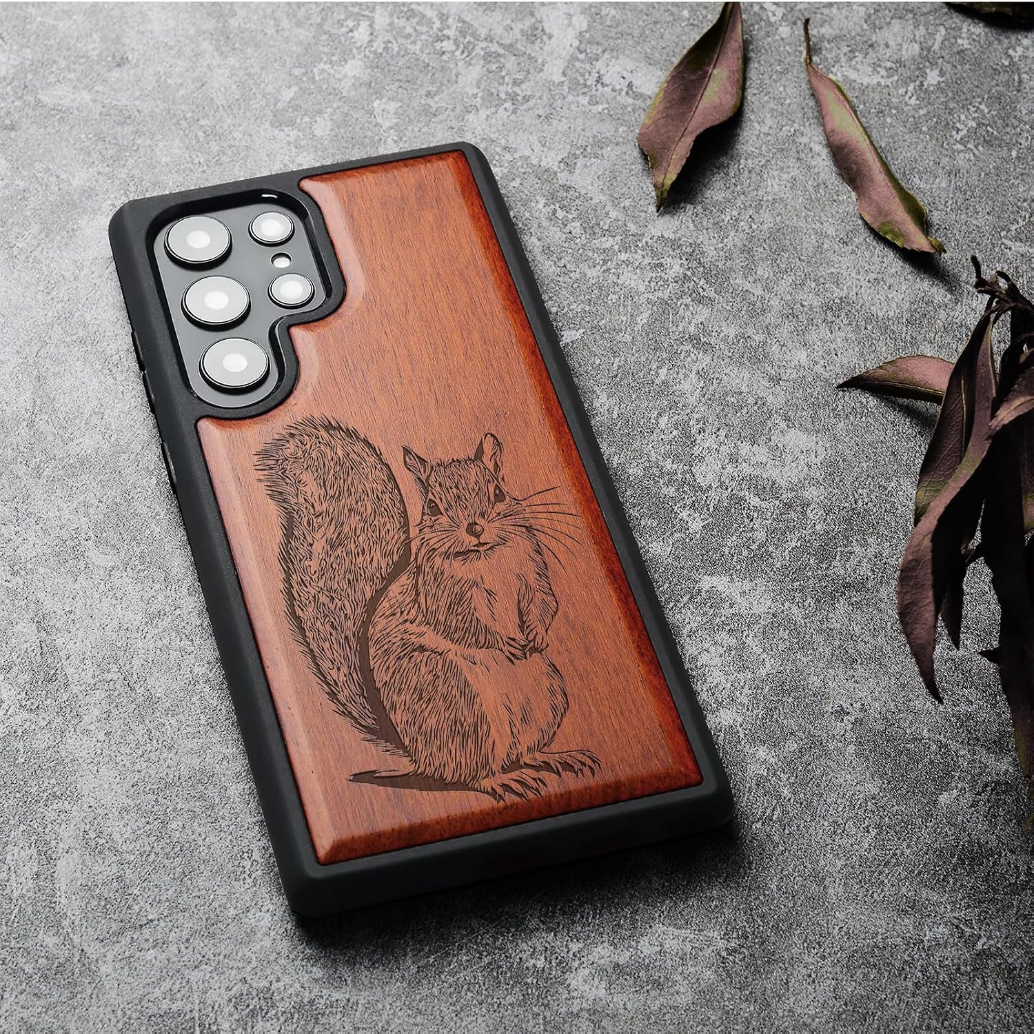 Carveit Wood Case for Galaxy S22 Ultra Case [Natural Wood & Black Soft TPU] Shockproof Protective Cover Unique Wooden Design Compatible with Samsung S22 Ultra (Squirrel Sketch-Rosy)
