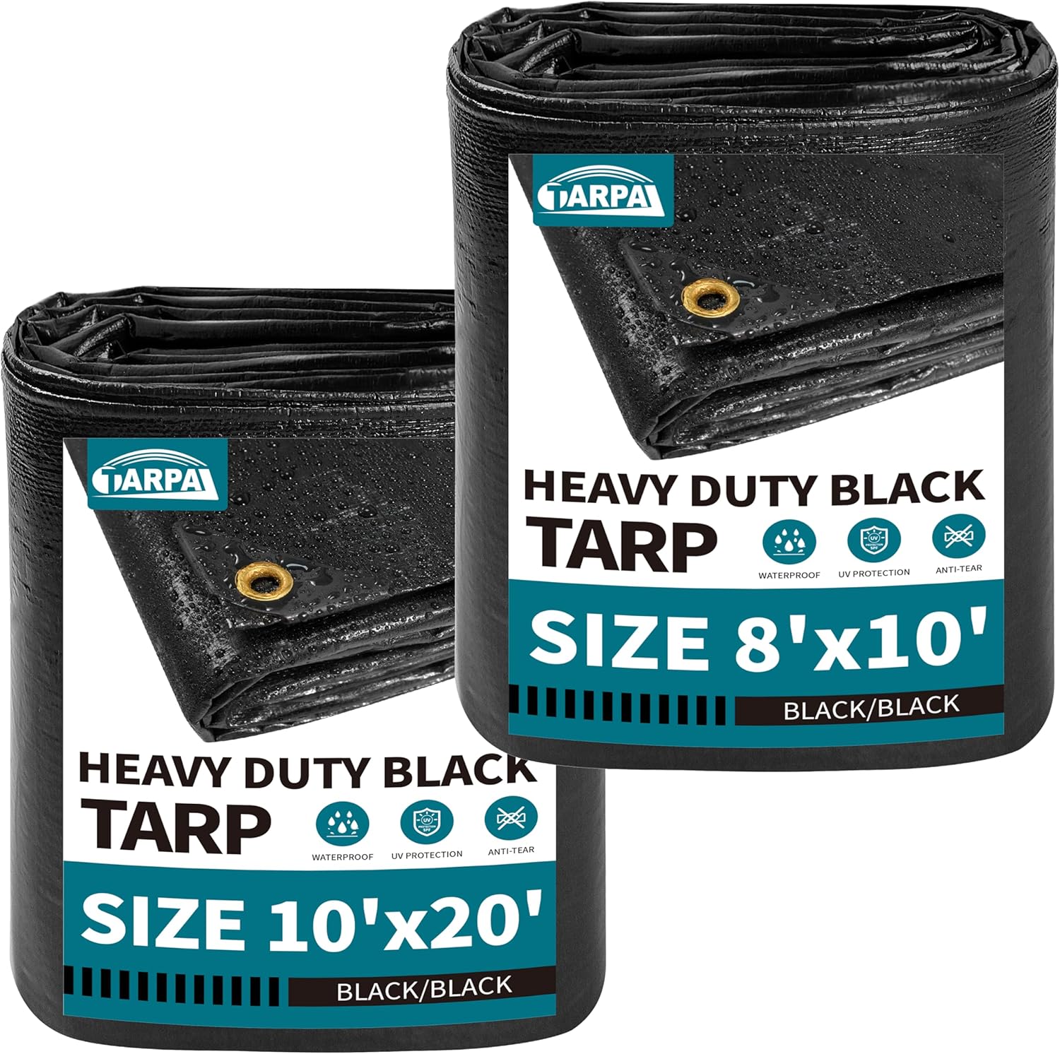 TARPAL 8X10 Tarps and 10X20 Tarps Black 14Mil Combination Multipurpose Protective Cover Heavy Duty Tarp UV Protection Waterproof, Durable Reinforced Edges