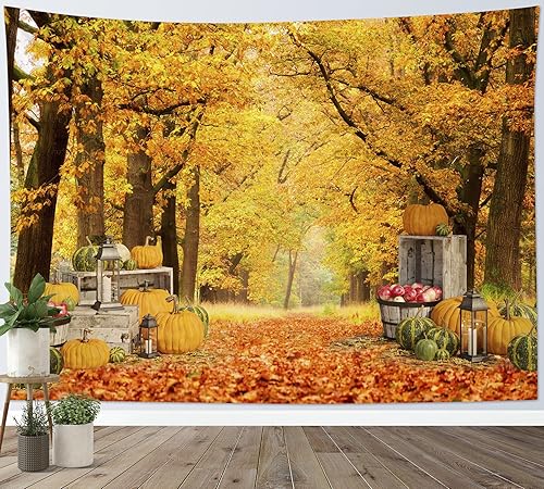 HVEST Tapiz de bosque con temática otoñal, hojas de arce amarillas caídas, decoración de calabaza de día de acción de gracias, temporada de cosecha,