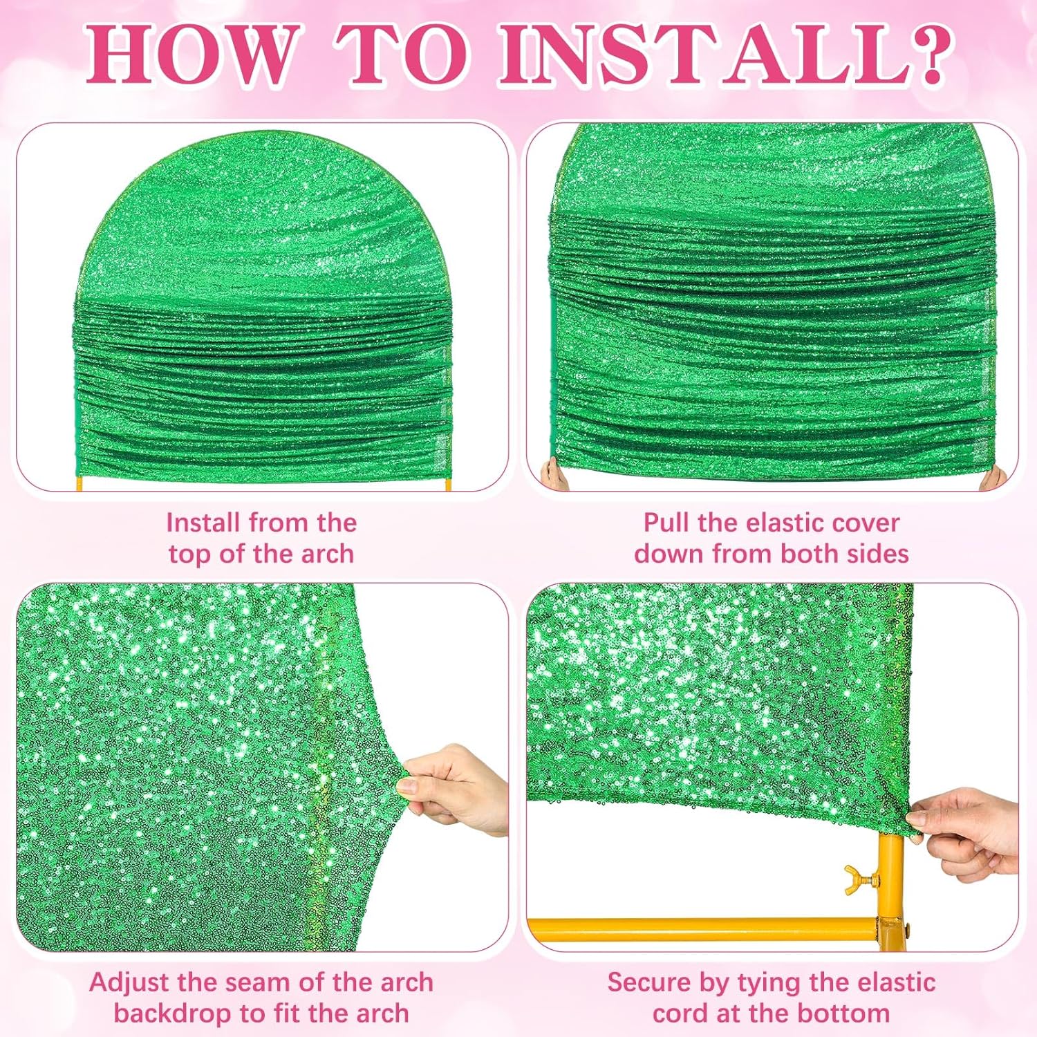 Sequin Green and Pink Arch Backdrop Cover Set of 2 Witch Themed Party Decorations Backdrop Stand Cover 6ft, 7.2ft for Witch and Princess Musical Theatre Birthday Party Supplies