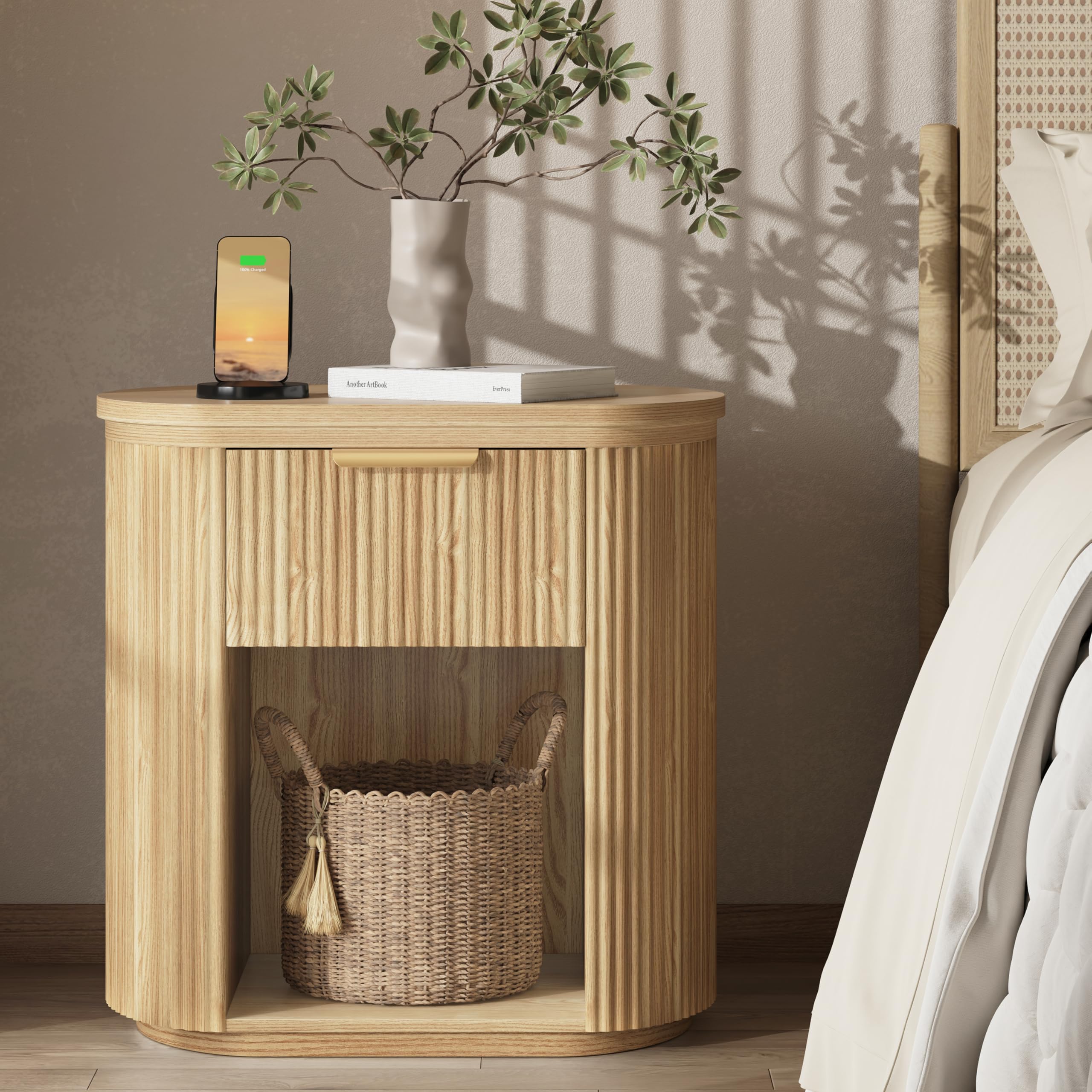 Photo 1 of MECHYIN Fluted Nightstand with Charging Station, Large Oak Bedside Table