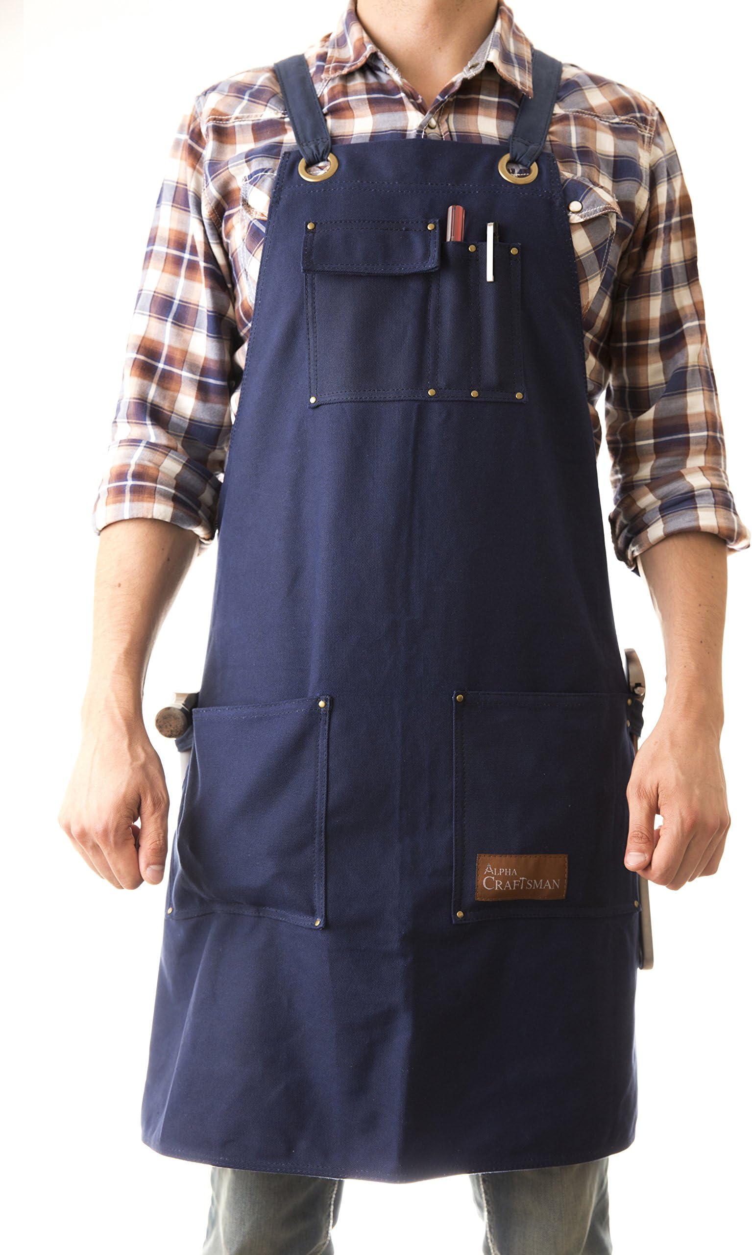 Heavy Duty Waxed Canvas Work Apron (Classic Blue) with Pockets - Size up to XXL - for Men and Women