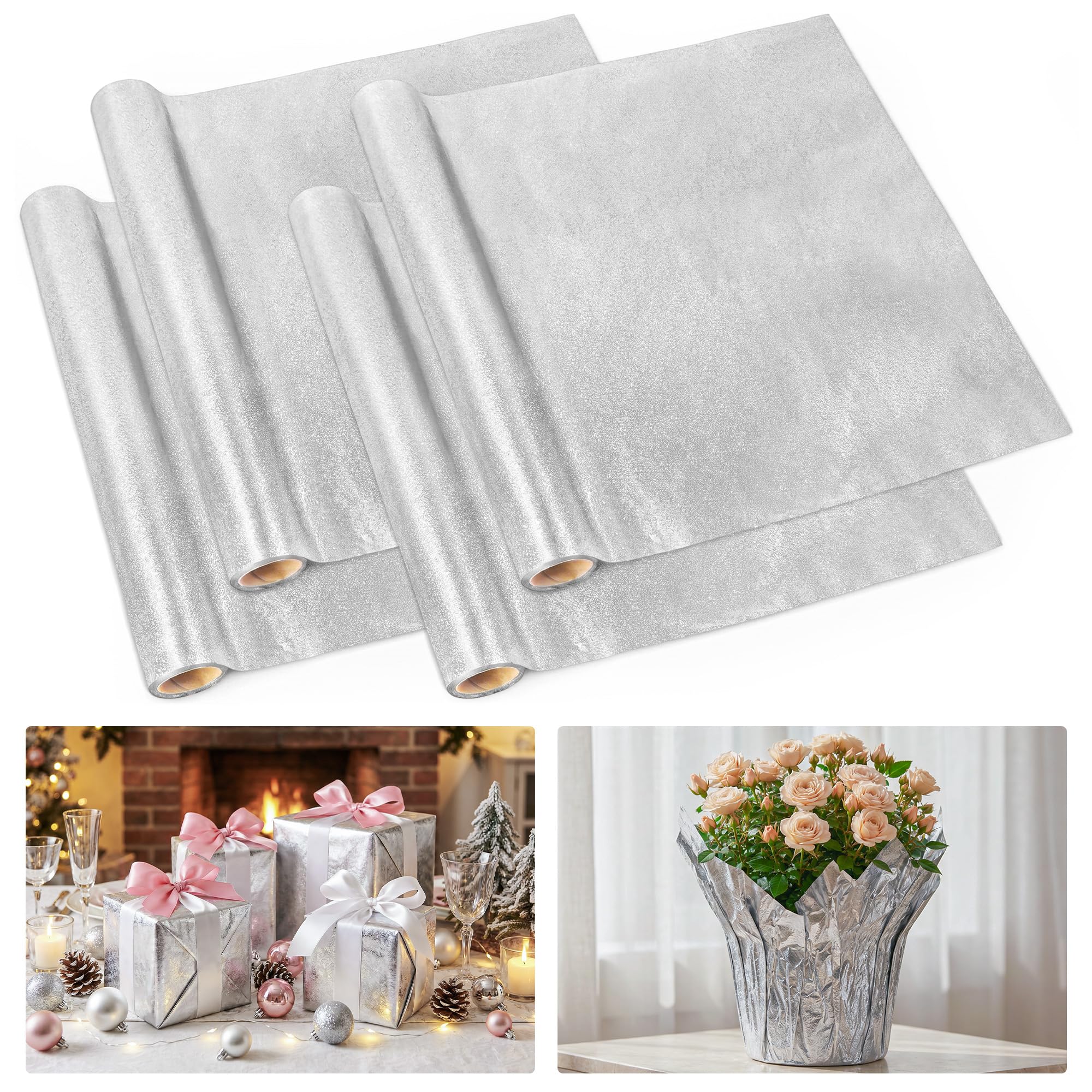 UCandy Plant Pot Floral Foil, Matte Texture Floral Foil Festival Plant Pot Covers, Golden Florals Foils Wrapping Paper for Home Garden Pots Vases DIY Decoration (Silver, 22 yard)