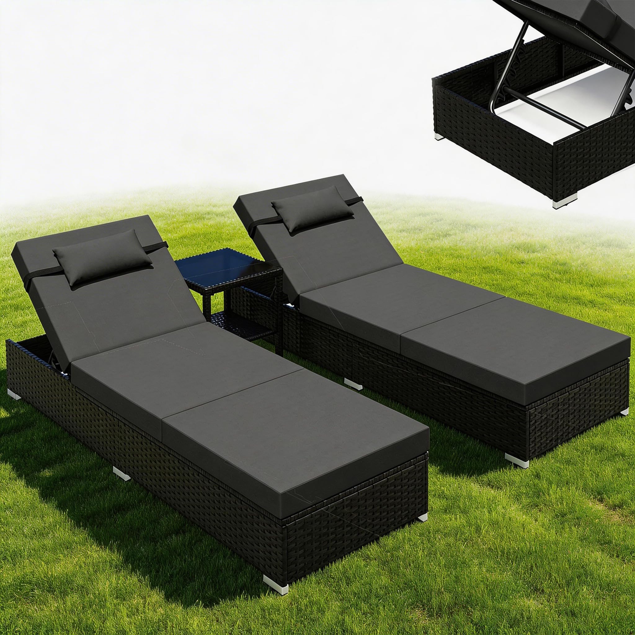 UDPATIO Set di 3 Lettino Prendisole, Poly Rattan, con Cuscino Testa e Tavolo, 5 Regolazioni, Lettini Prendisole da Giardino Impermeabili, per Esterno, Jardín, Patio (Nero)