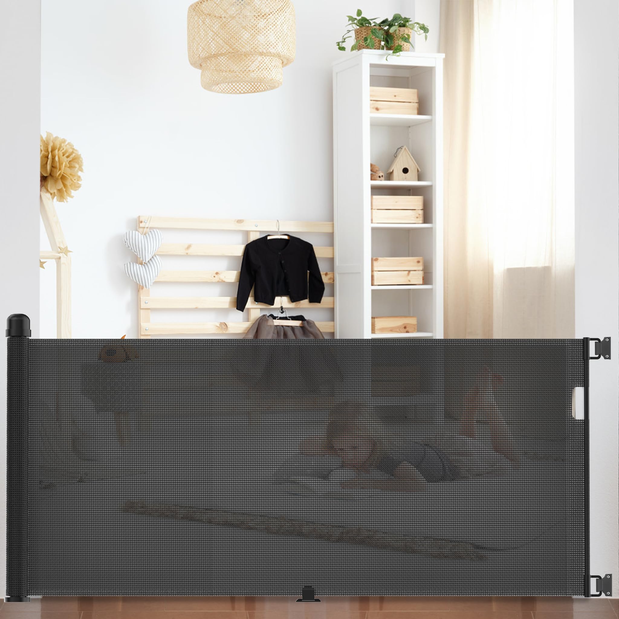 FIVMEN - Griglia di sicurezza per scale e porte, 300 cm, estensibile, con chiusura automatica, griglia di sicurezza per bambini, PVC, porta di sicurezza per bambini, nera