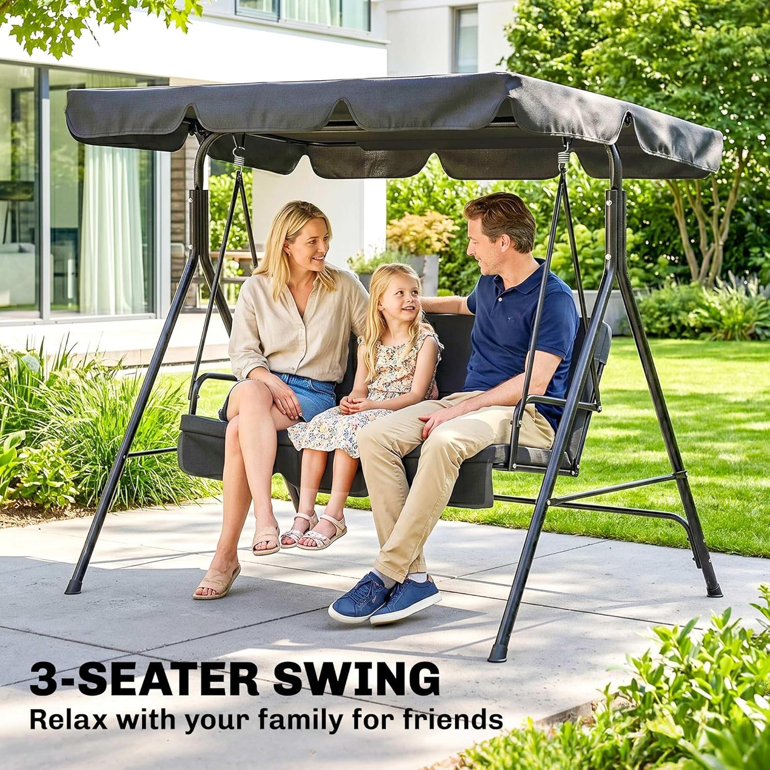 Outsunny 3-Seat Outdoor Patio Swing Chair with Removable Cushion, Steel Frame Stand and Adjustable Tilt Canopy for Patio, Garden, Poolside, Balcony, Backyard, Black 2
