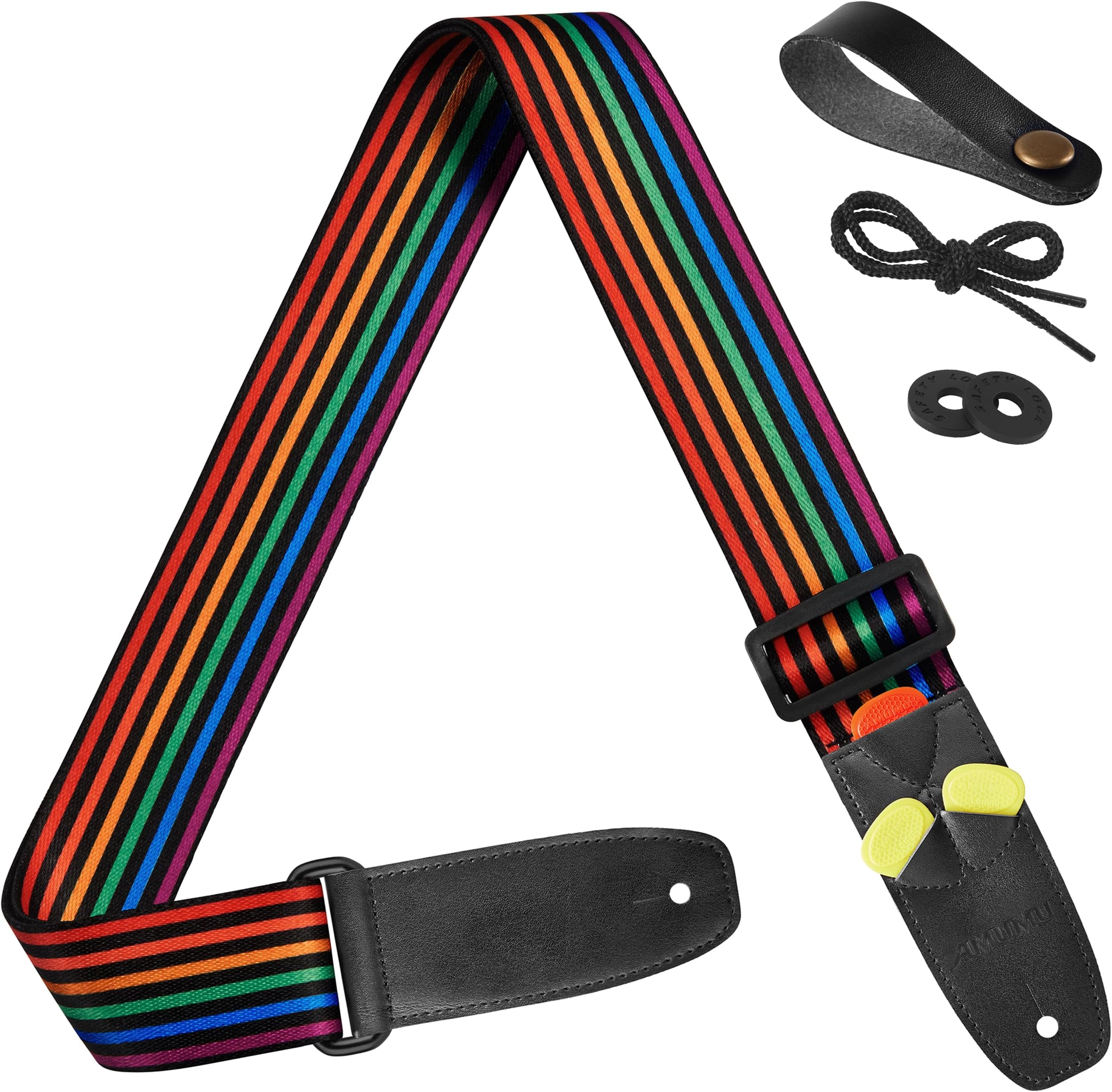 Guitar Strap Rainbow Stripe Polyester Cotton for Acoustic, Electric, and Bass Guitars with Strap Blocks & Headstock Strap Tie