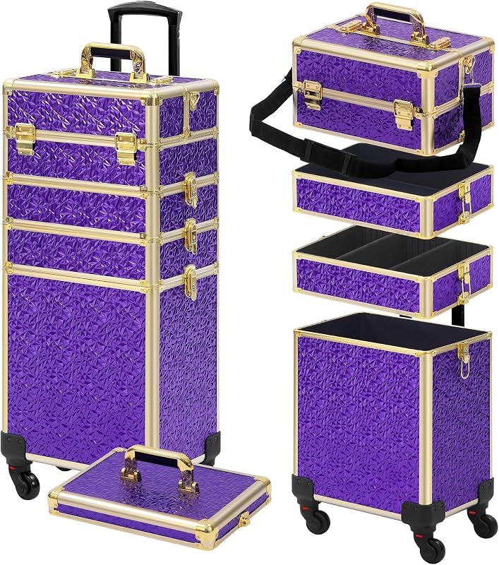 Maleta de maquiagem Somduy com rodinhas, compartimentos removíveis e tampa, Purple Gold