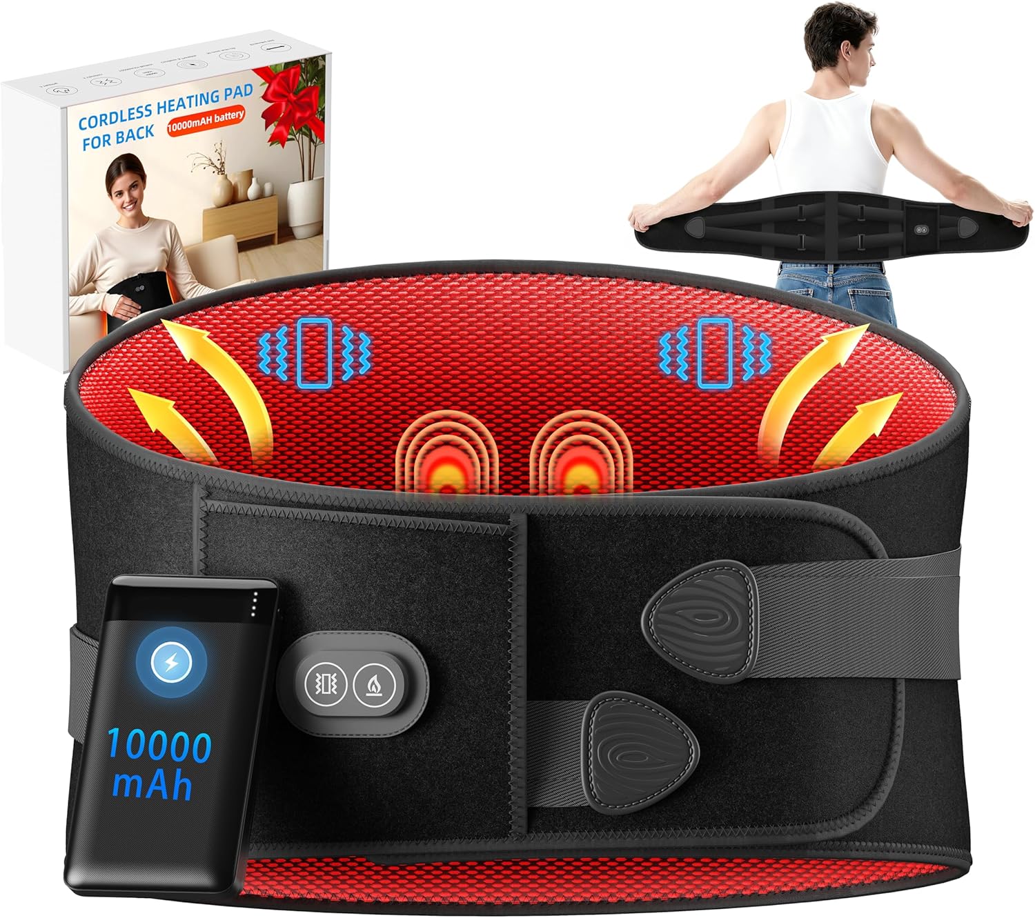 Heating Pad for Back - Lower Back Massager with 3 Heat 3 Vibration, 10000mAh Cordless Portable Heating Pad for Back, 30 mins Auto-Off, Black