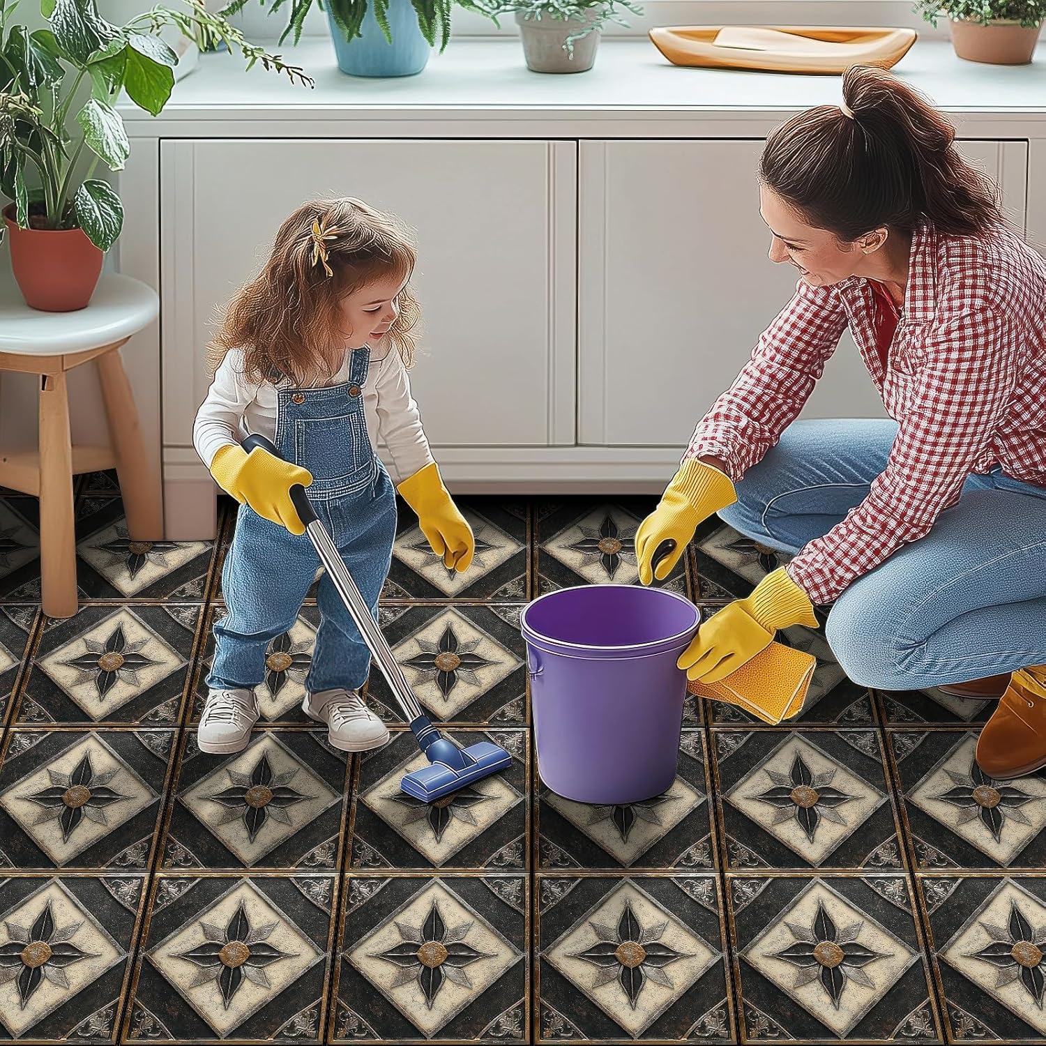 HOMETITUTE 10PCS 12x12 Inch Vintage Metal Look Peel and Stick Floor Tiles Removable Self Adhesive Vinyl Flooring Stickers for Entryway Kitchen Bar Room Home Decor