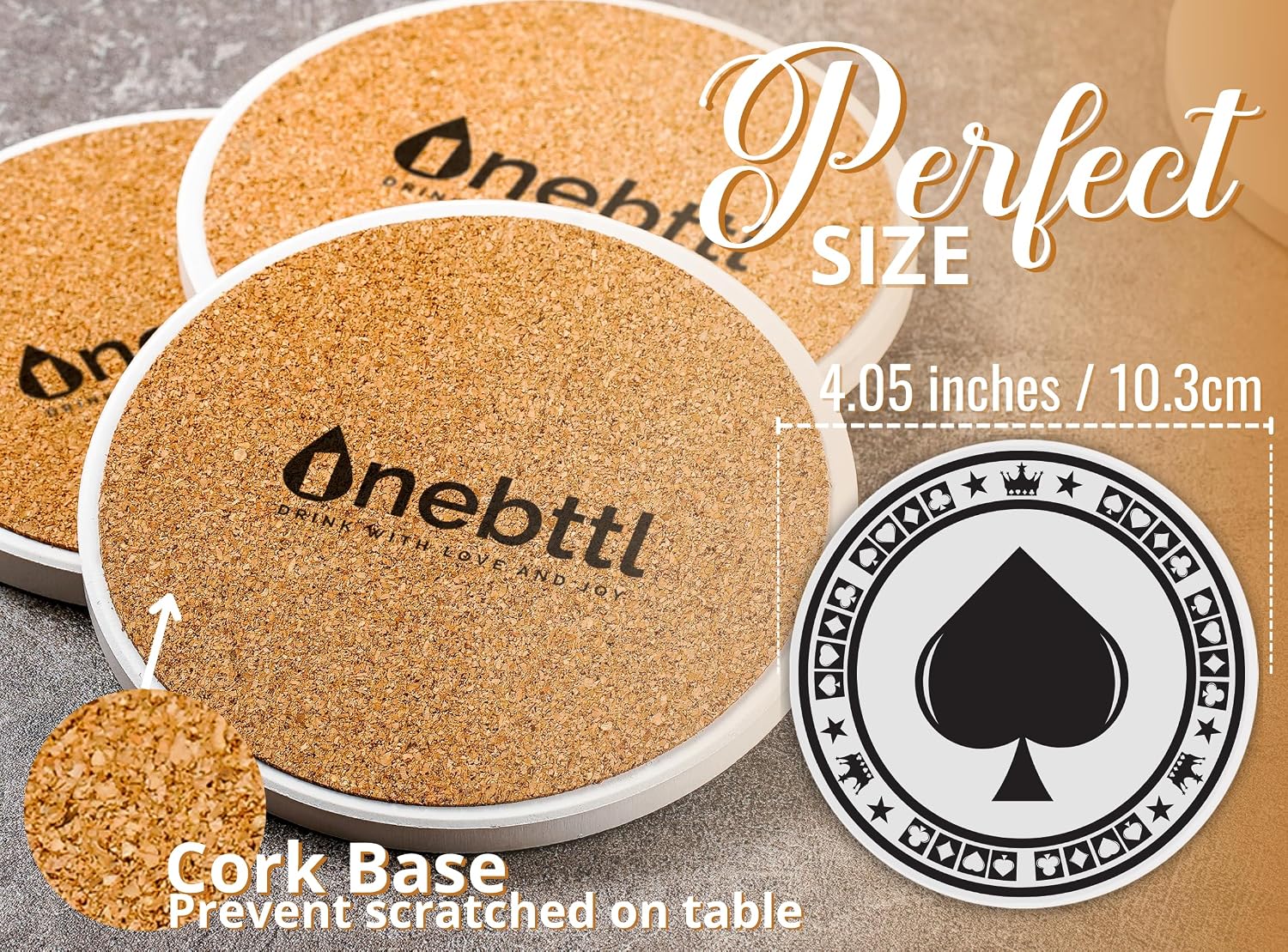 Onebttl Poker Gifts, Funny Casino Gifts for Poker Lovers, Poker Gifts for Men, 6pcs Pack Bar Coasters, Ceramic, Absorbent with Cork Base