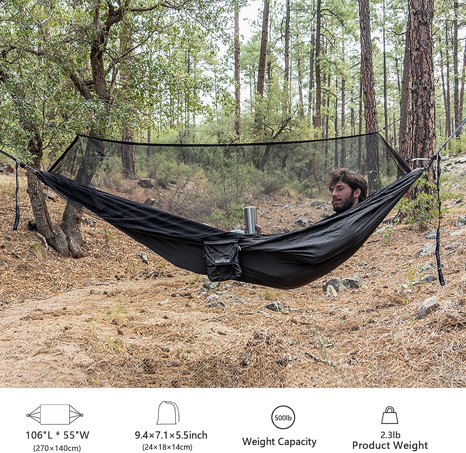 Sunyear Hammock Camping with Net/Netting, Portable Camping Hammock Double Tree Hammock Outdoor Indoor Backpacking Travel & Survival, 2 Tree Straps (16+1 Loops Each, 20Ft Total) : Sports & Outdoors