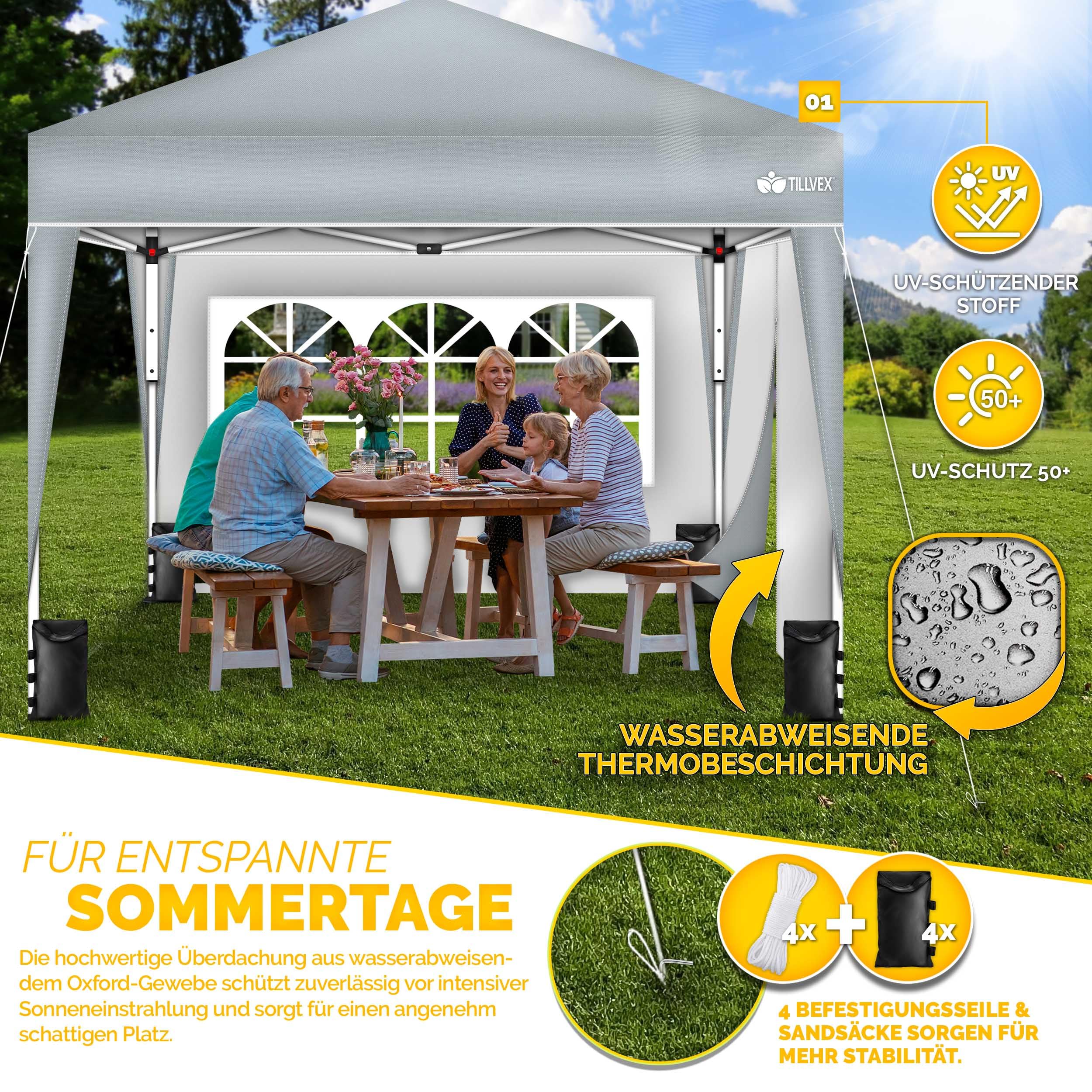 tillvex Gazebo Plegable Cenador 3x3m Impermeable | Pabellon de Jardin Pop-up Regulable en Altura | Carpa de jardín protección UV 50+ | Cenador de Fiesta con Bolsa (Gris - con 2 Paredes)