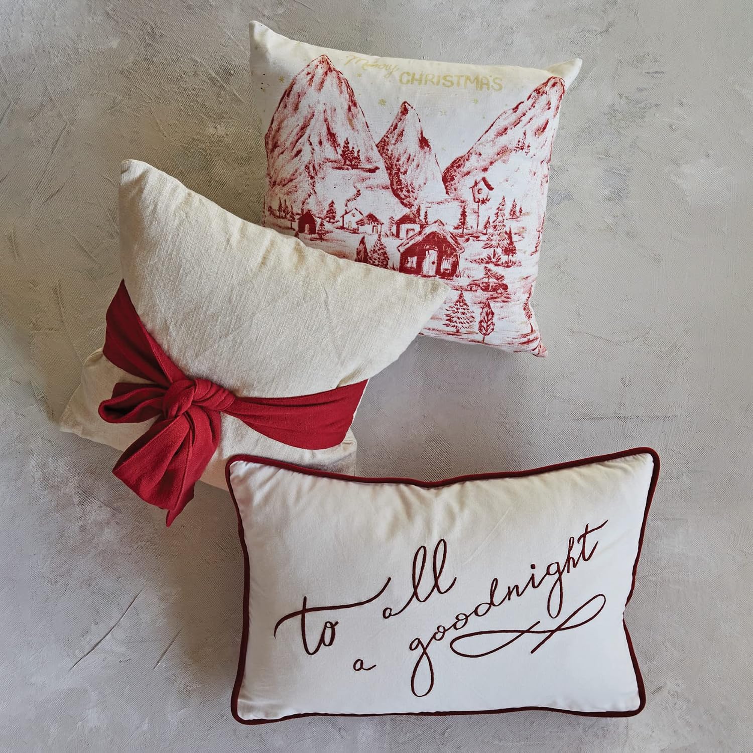 Creative Co-Op 18' Square Hand-Woven Cotton Slub Pillow w/Bow, Cream Color & Red