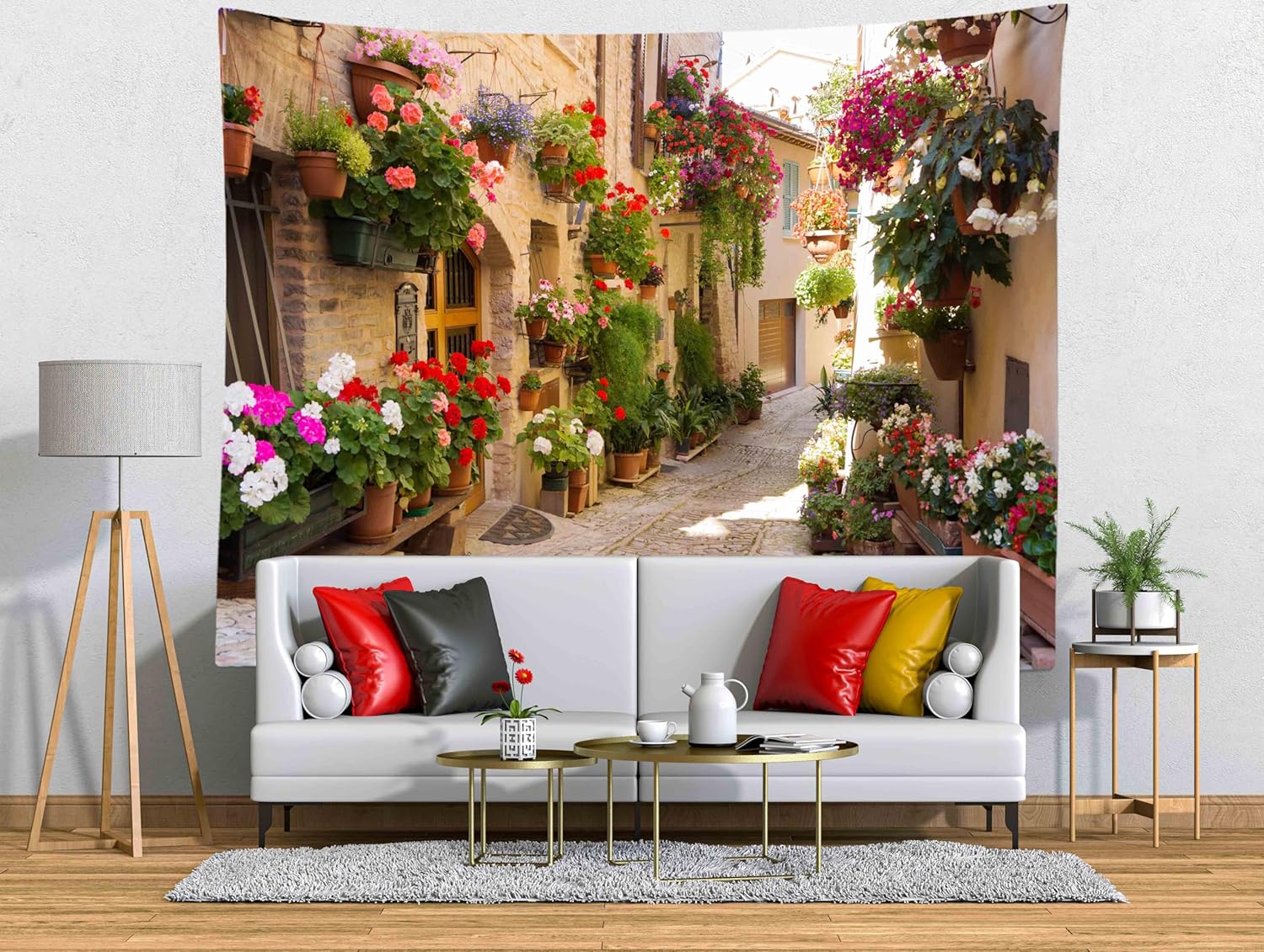 Loccor Italy Town Street Tapestry Medieval Village Town Scenery Alley Stone Path Colorful Flowers Wall Hanging Tapestry Home Bedroom Living Room Dorm Decor 118''x 98''