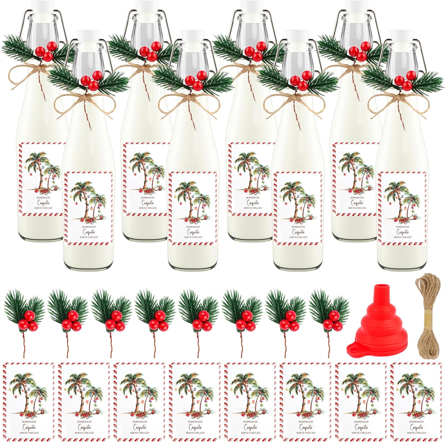 8 Set Christmas Coquito Bottles Christmas Swing Top Glass Bottles with Labels Stickers and Pine Cone Branches Clear Flip Top Brewing Bottles for Home Brewing Xmas Holiday Party Supplies