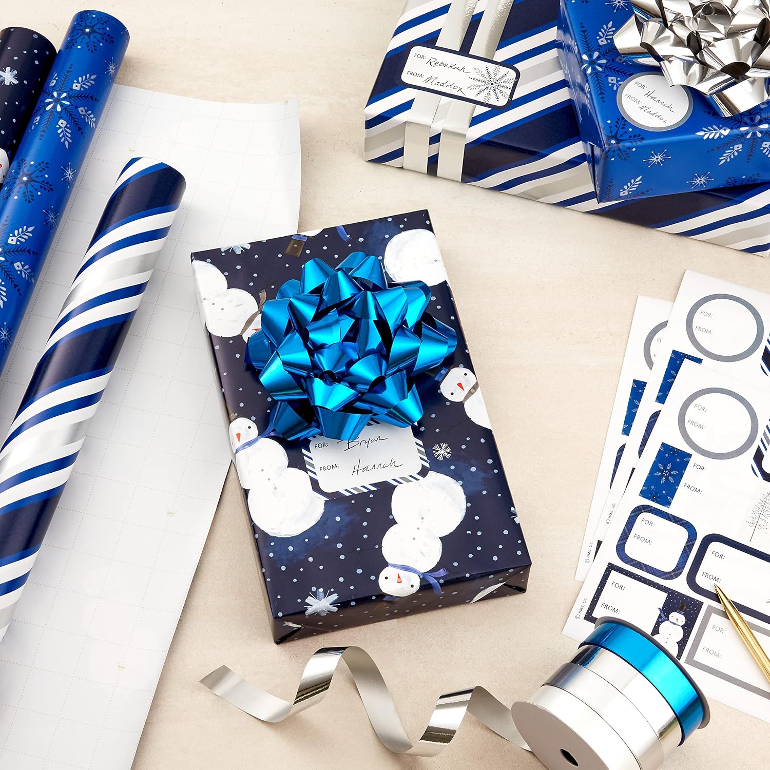 Hallmark Navy Blue Christmas Wrapping Paper Set (90 sq. ft. ttl, 10 Bows, 4 Ribbon Colors, 40 Gift Tag Stickers) Snowman, Stripes, Snowflakes, (0005JXW1198)