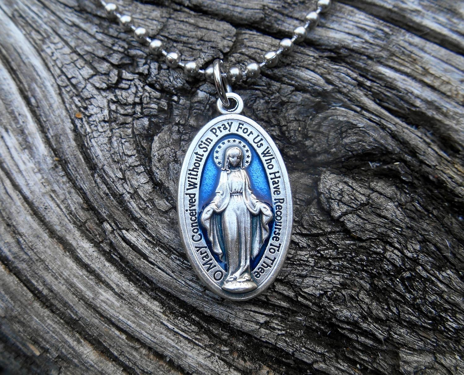 Large Blue Enamel Miraculous Medal Necklace, 30 Inch Stainless Steel Ball Chain, Catholic Gift, Gorgeous Blue Enamel Our Lady of Grace Medal Measures 1 1/8 inch - Image 3