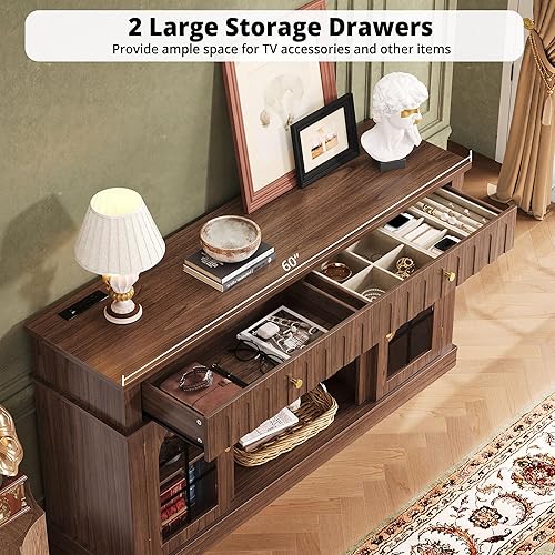 Miniatura 7 de IRONCK Soporte de TV para TV de 65 pulgadas, centro de entretenimiento con estación de carga y repisa de chimenea, diseño arqueado, soportes de TV