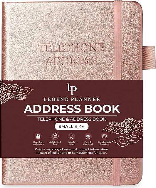 Legend Planner Address Book with Alphabetical Tabs  Mini Telephone Address Book for Phone Numbers, Addresses, Email Contacts, Passwords & Important Dates Small Size, 11x14.5cm, Hardcover (Rose Gold)