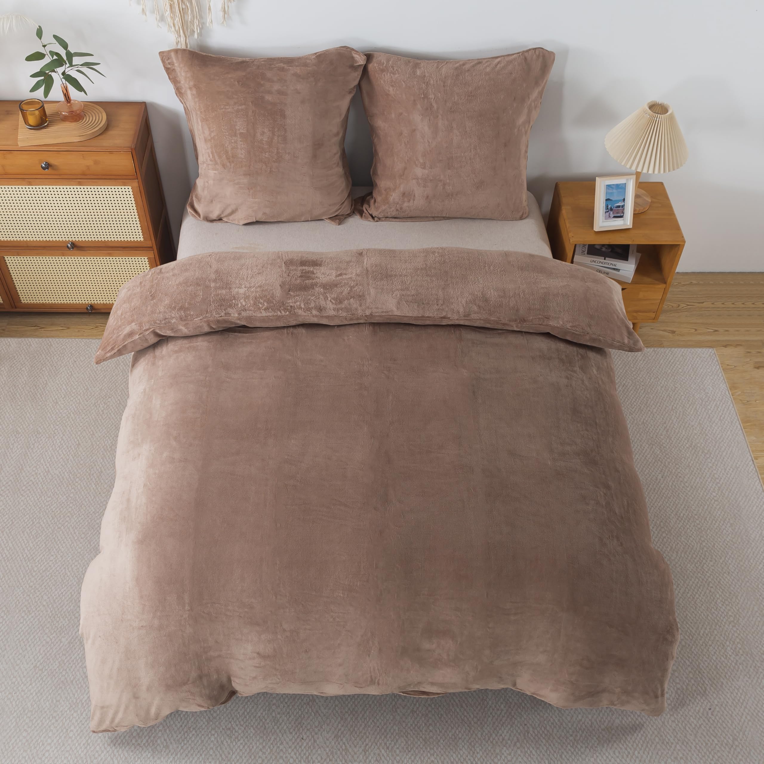 Plüsch Bettwäsche 200x200 cm Kaffeebraun 3tlg Set, Winter Biber Warm Flauschig Bettbezug und 2 Kissenbezüge 80x80cm, Kuschelig Weich Cashmere Touch Flanell Bettdeckenbezug Bettdecke Cover