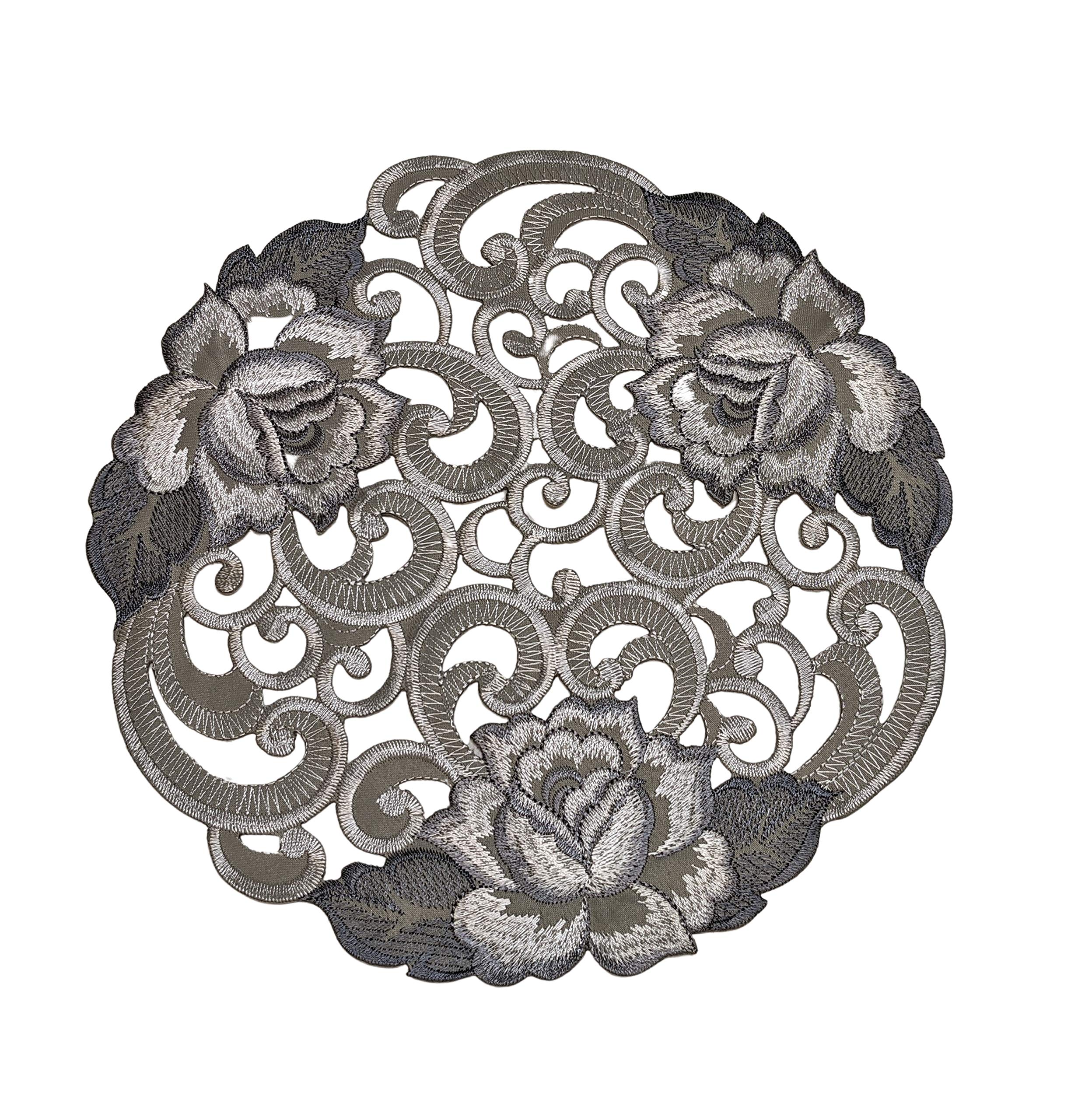 Doily Boutique Round Doily with Cutwork Gray and Silver Roses on Material Size 11 inches