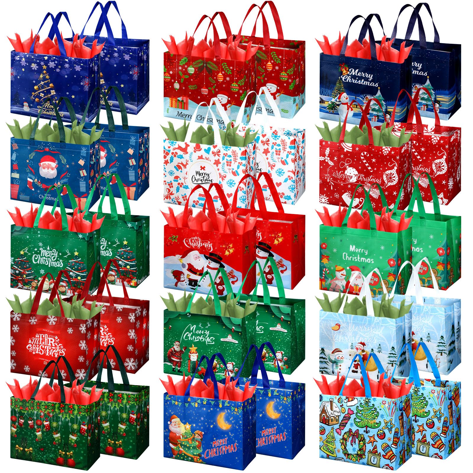 Zhanmai 120 Pcs Large Christmas Gift Bags, Christmas Tote Bags with Handles, Xmas Shopping Bag Bulk Reusable Non Woven Bags with Tissue Paper for Gifts Treat Wrapping Party Supplies,12.8"x 9.8" x 6.7"