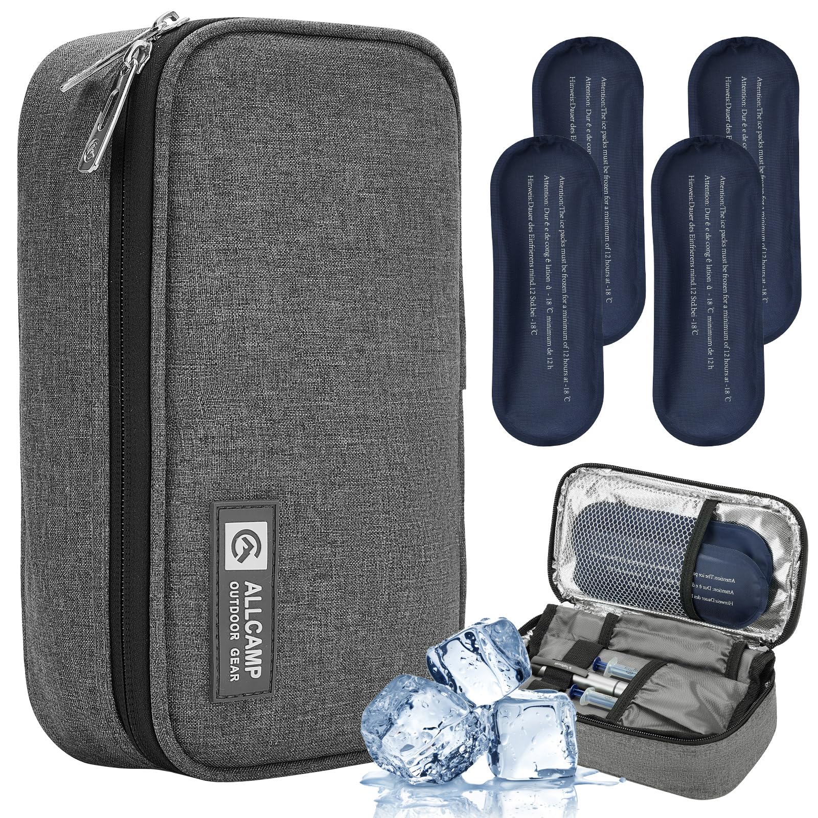 ALLCAMP Insulin Cooler Travel Case Diabetic Medication Cooler with 4 Ice Pack - Medical Cooler Bag Portable and Reusable Grey (9x 4.72x 3.14 inches)
