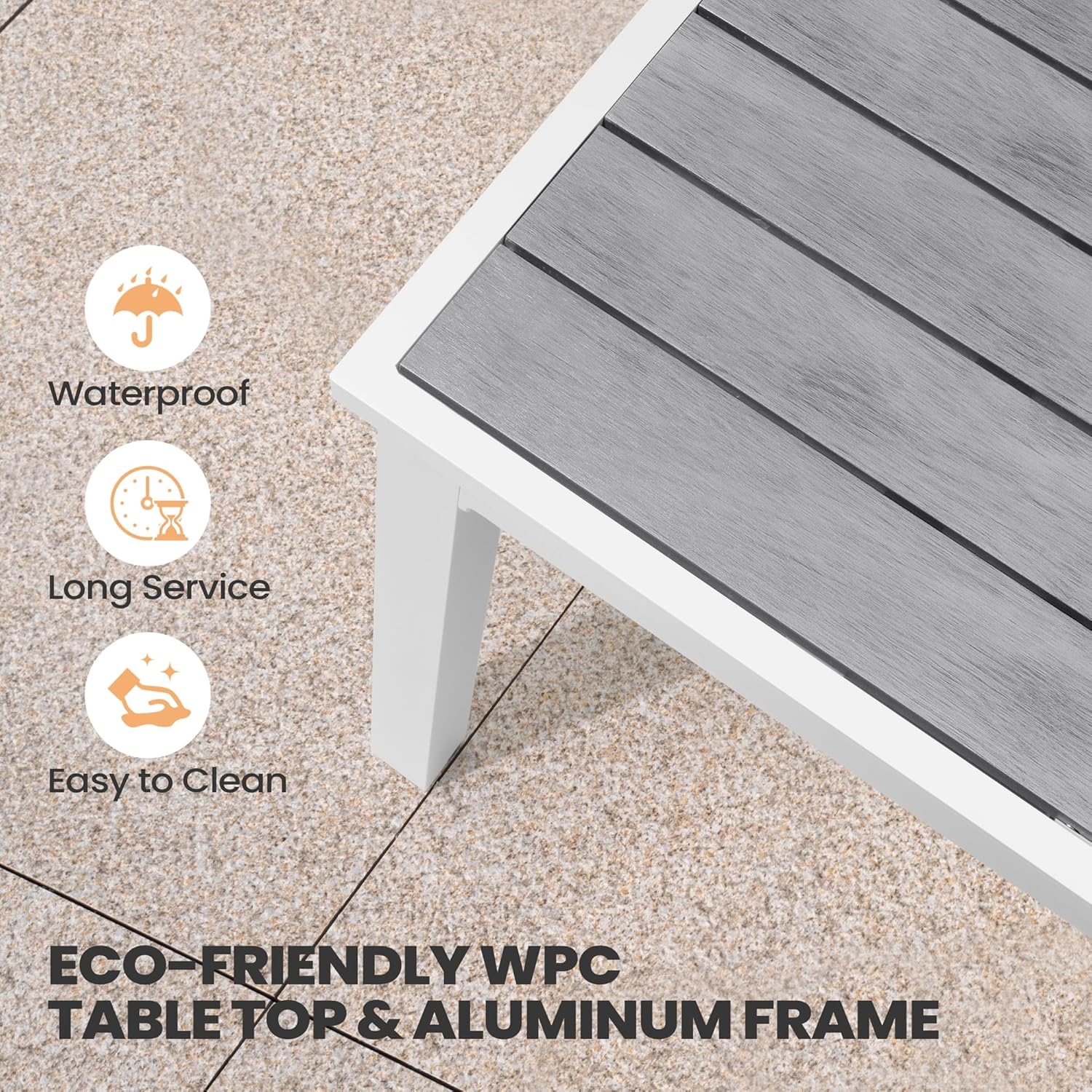 Outdoor Dining Table, 63"-83" Patio Extendable Dining Table with Grey Wooden-Like Top and White Aluminum Frame, Rectangular Table Outdoor Furniture