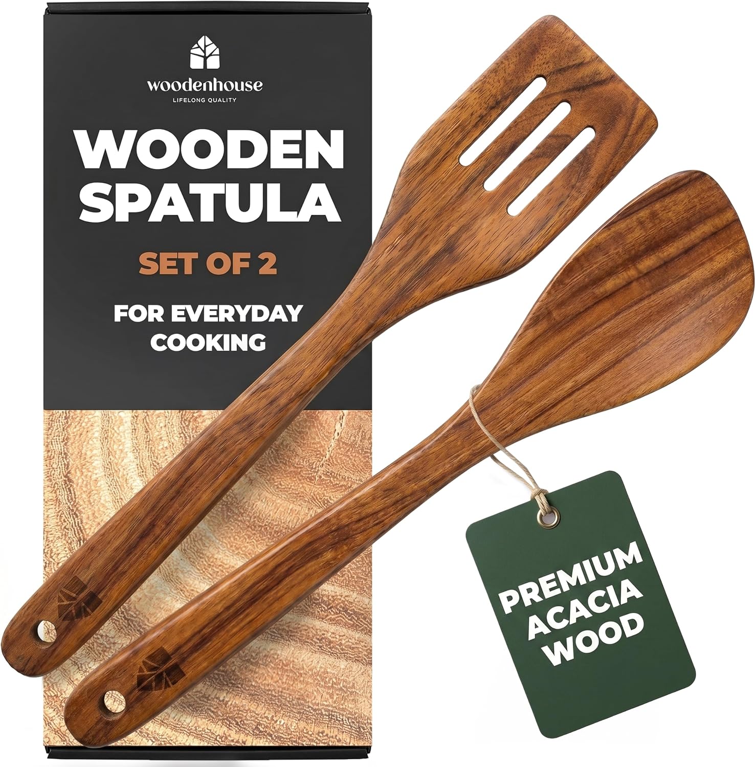 Wooden Spatula for Cooking, 2pcs Acacia Wood Utensils Set for Nonstick Pans | Flat Wood Turner & Slotted Spurtle, Non Stick Spatula Kitchen Utensil Set for Cooking, Frying, Baking