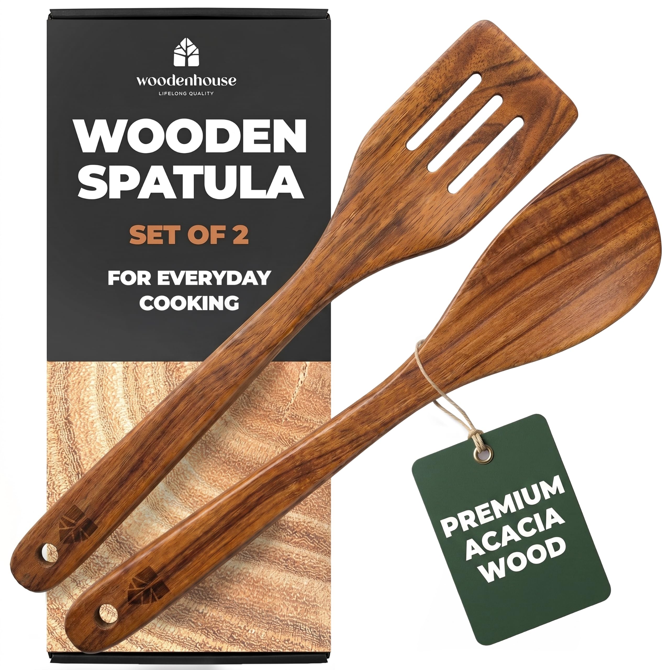 Wooden Spatula for Cooking, 2pcs Acacia Wood Utensils Set for Nonstick Pans