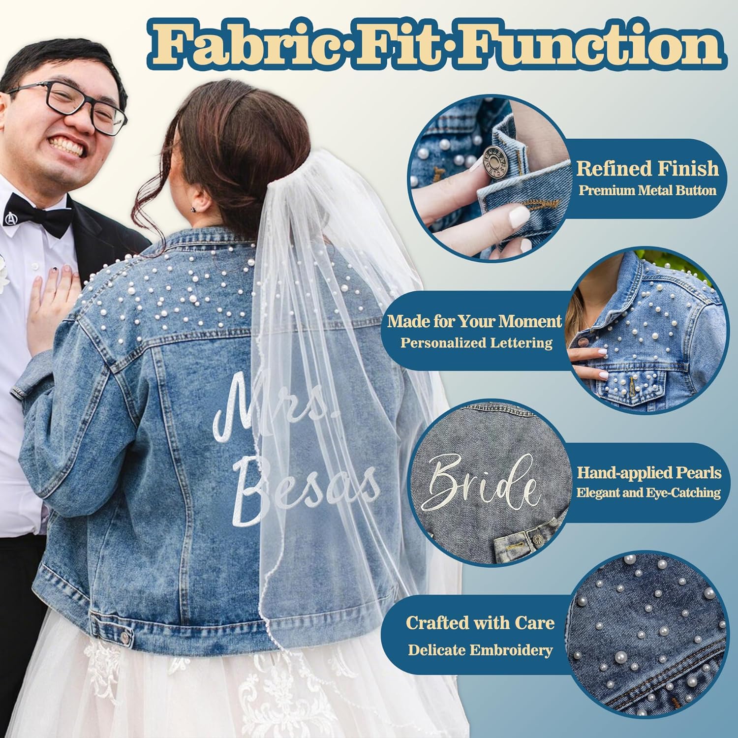 Custom Pearl Denim Jacket for Bride, Personalized Wedding Bridal with Name, Customized Wifey Jacket, Gift for Bride, Future Mrs