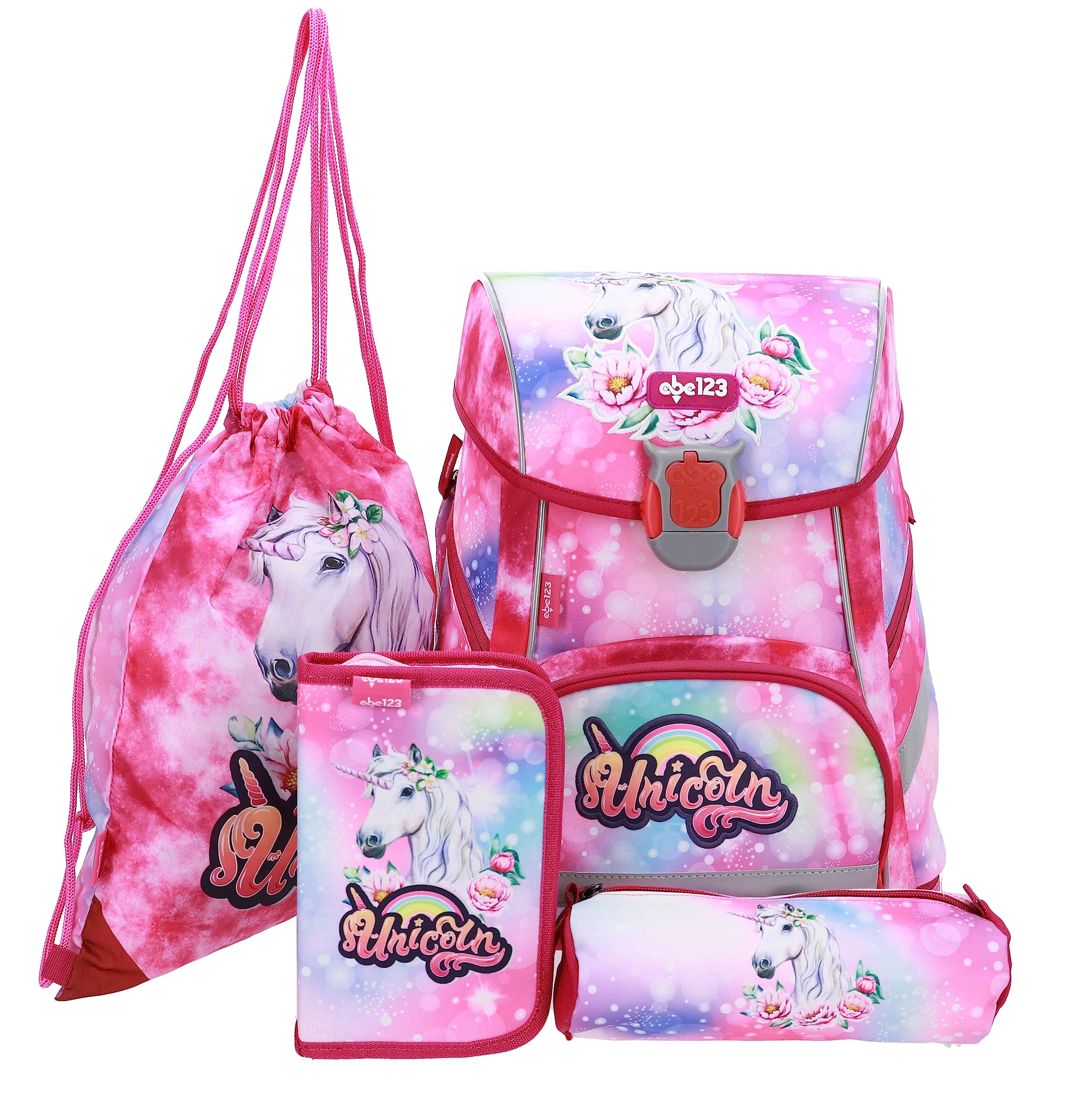 Einhorn Schulranzen Set für Mädchen 1 Klasse | Tornister Schulrucksack für Grundschule | super leicht | ergonomisch und anatomisch ! inkl. Federmäppchen Sportbeutel Stiftetui
