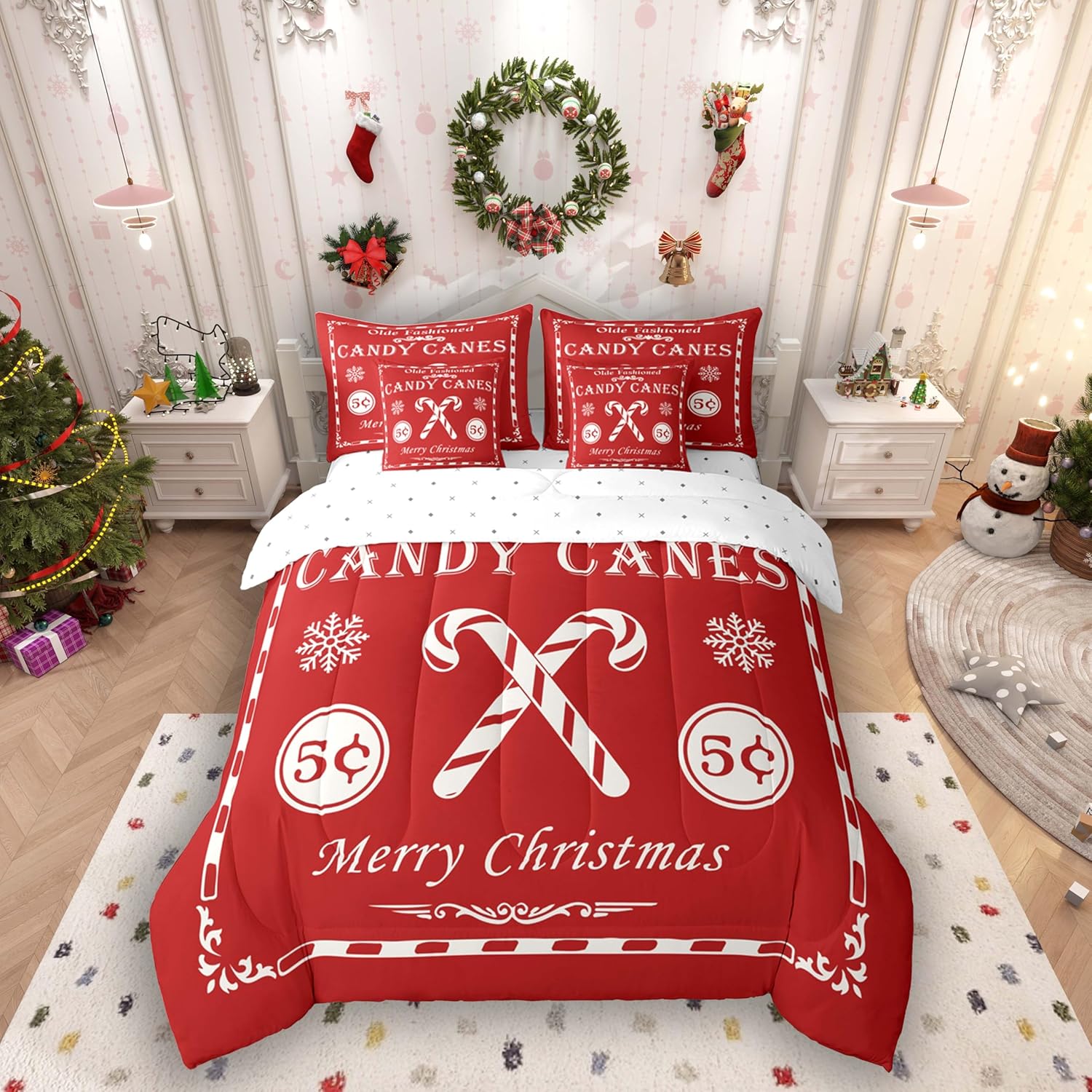 Feelyou Christmas Bedding Set 7 Pieces Kids Christmas Quote Bedding Set Queen Size Candy Canes Print Comforter Set Xmas White Bed in a Bag （Comforter, Sheets, Pillowcases & Cushion Covers）