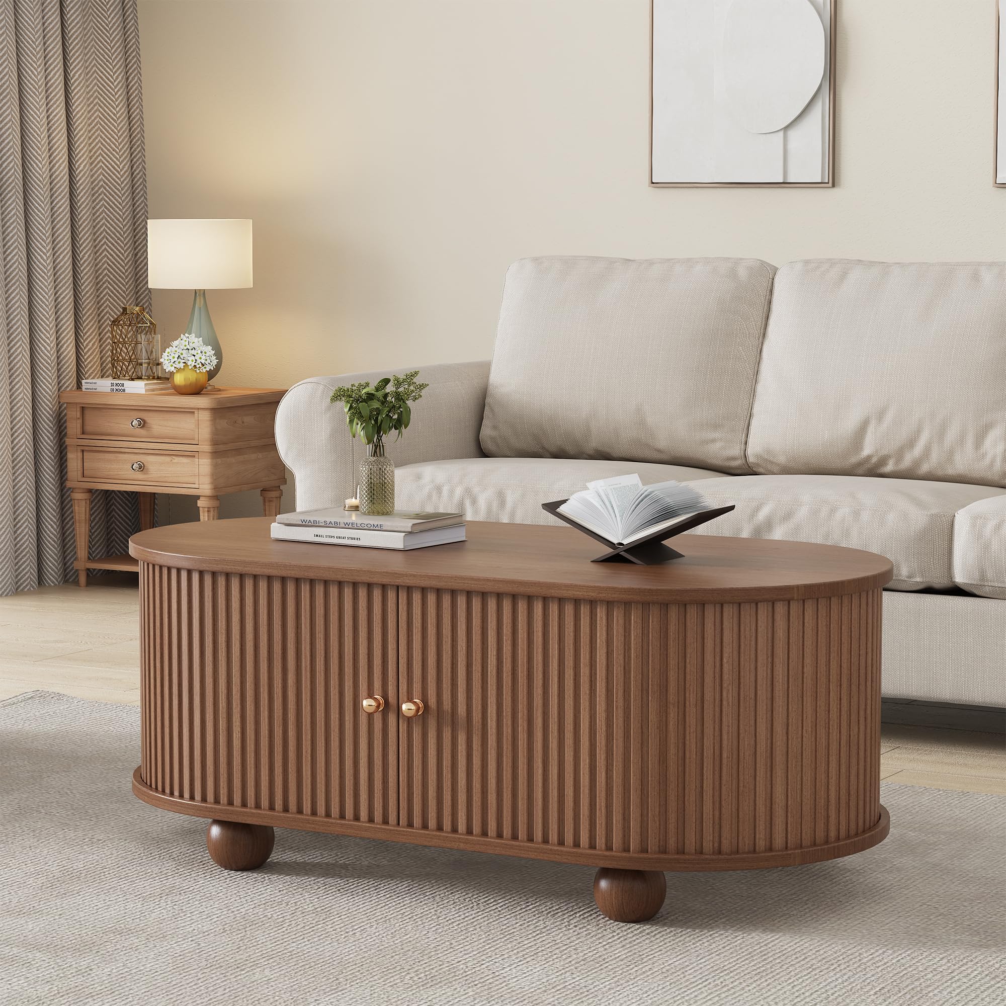 Merax Couchtisch Ovaler, Modern Kaffeetisch mit Schiebetüren, Wohnzimmertisch mit Viel Stauraum, Multifunktionaler Beistelltisch Sofatisch, Platzsparendes, Landhausstil, Wohnzimmermöbel, Walnussfarbe